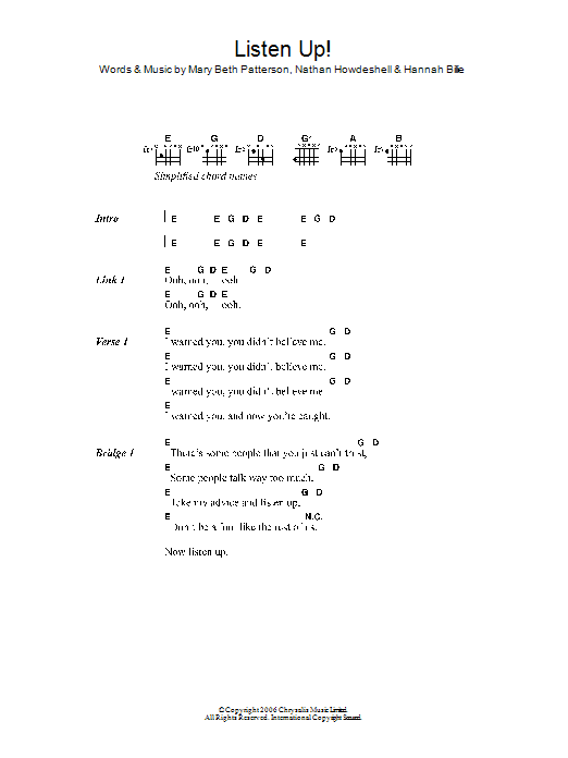 The Gossip Listen Up! sheet music notes and chords arranged for Guitar Chords/Lyrics