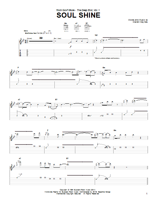 Gov't Mule Soul Shine sheet music notes and chords arranged for Guitar Tab