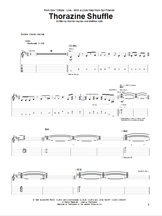 Gov't Mule Thorazine Shuffle sheet music notes and chords arranged for Guitar Tab
