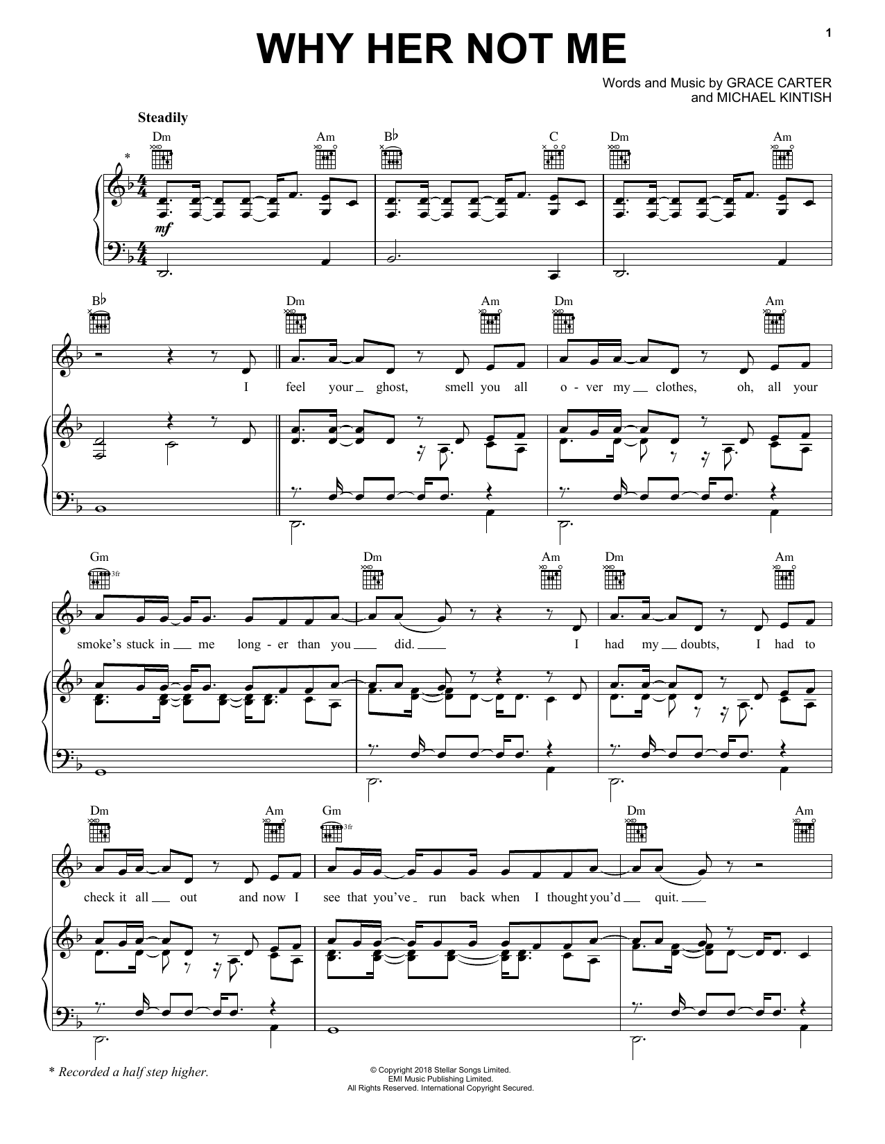 Grace Carter Why Her Not Me sheet music notes and chords arranged for Piano, Vocal & Guitar Chords (Right-Hand Melody)