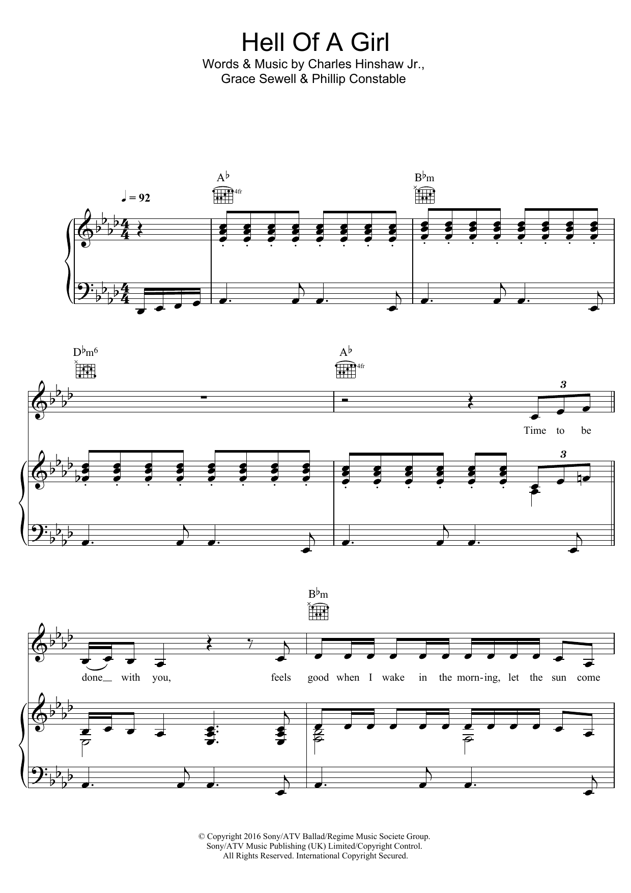 Grace Hell Of A Girl sheet music notes and chords arranged for Piano, Vocal & Guitar Chords