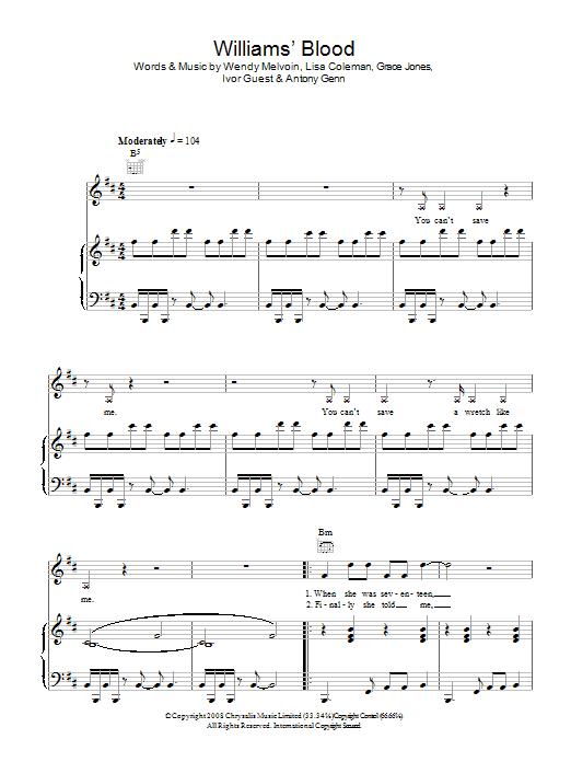 Grace Jones Williams' Blood sheet music notes and chords arranged for Piano, Vocal & Guitar Chords