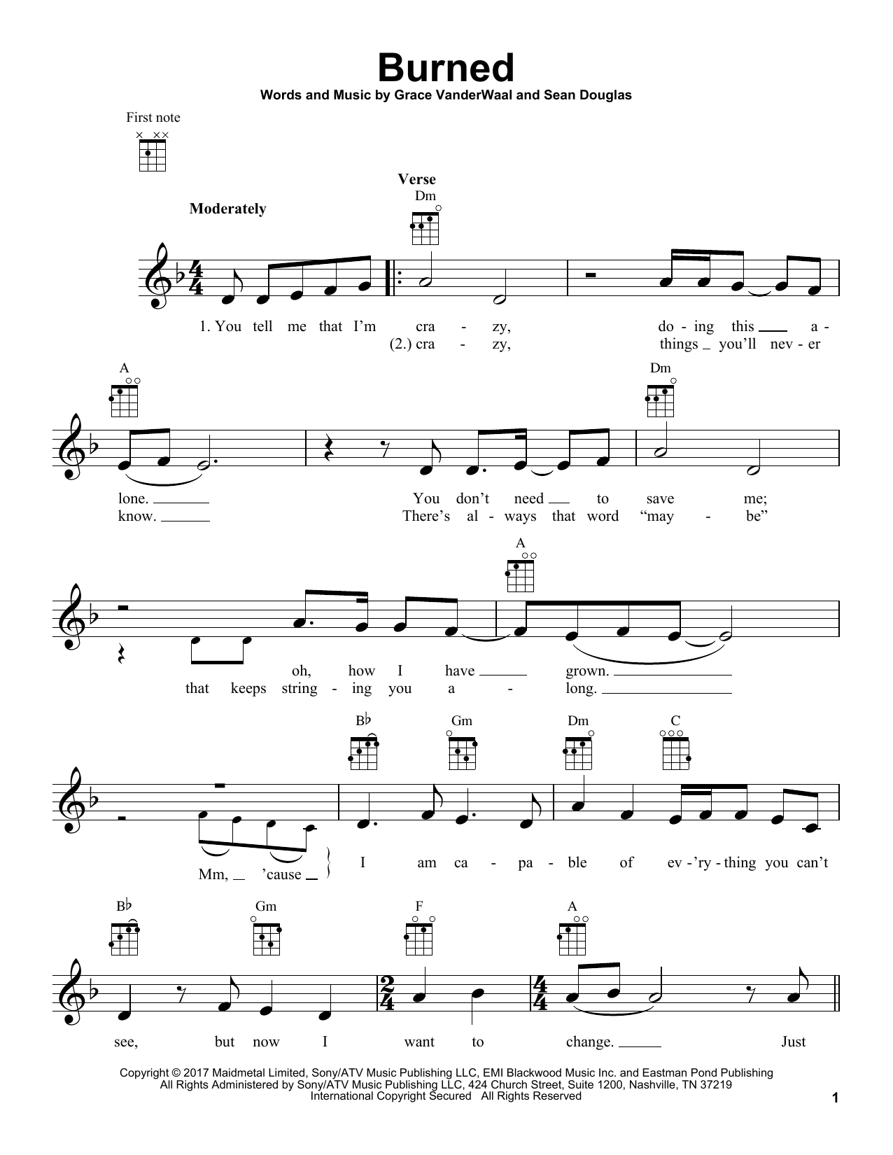 Grace VanderWaal Burned sheet music notes and chords arranged for Ukulele