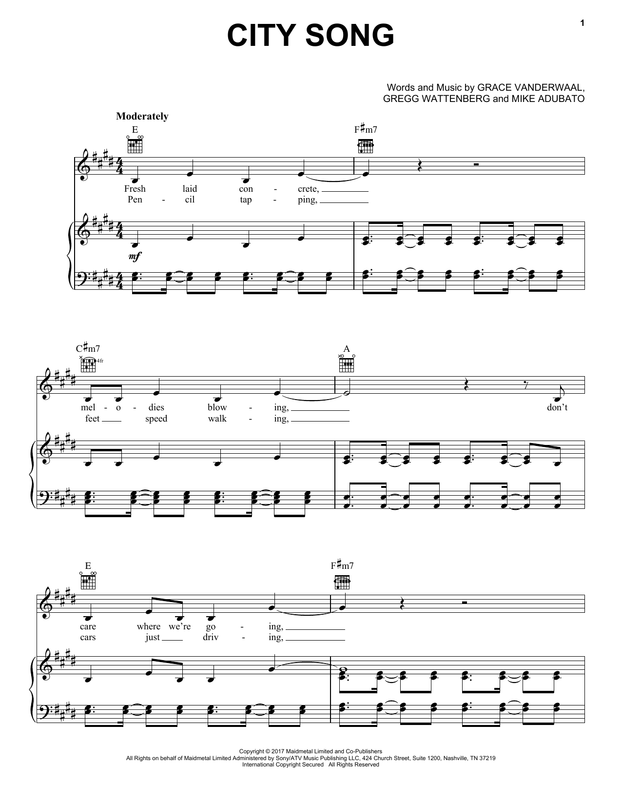 Grace VanderWaal City Song sheet music notes and chords arranged for Piano, Vocal & Guitar Chords (Right-Hand Melody)