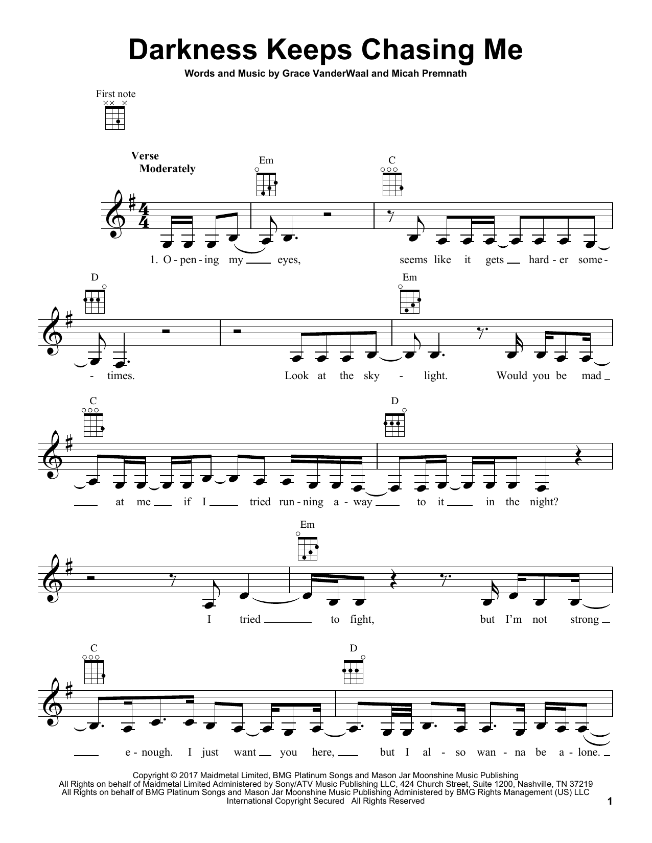 Grace VanderWaal Darkness Keeps Chasing Me sheet music notes and chords arranged for Easy Piano