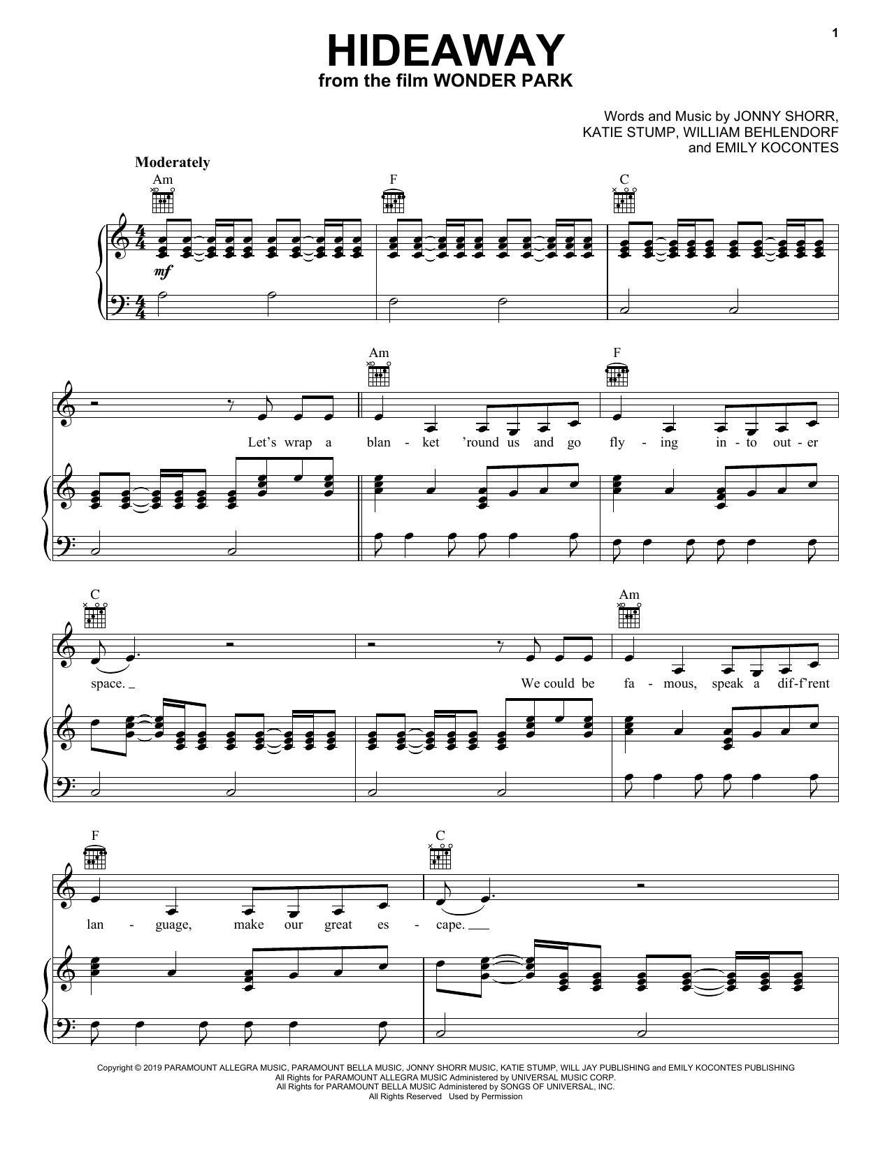 Grace VanderWaal Hideaway (from Wonder Park) sheet music notes and chords arranged for Piano, Vocal & Guitar Chords (Right-Hand Melody)