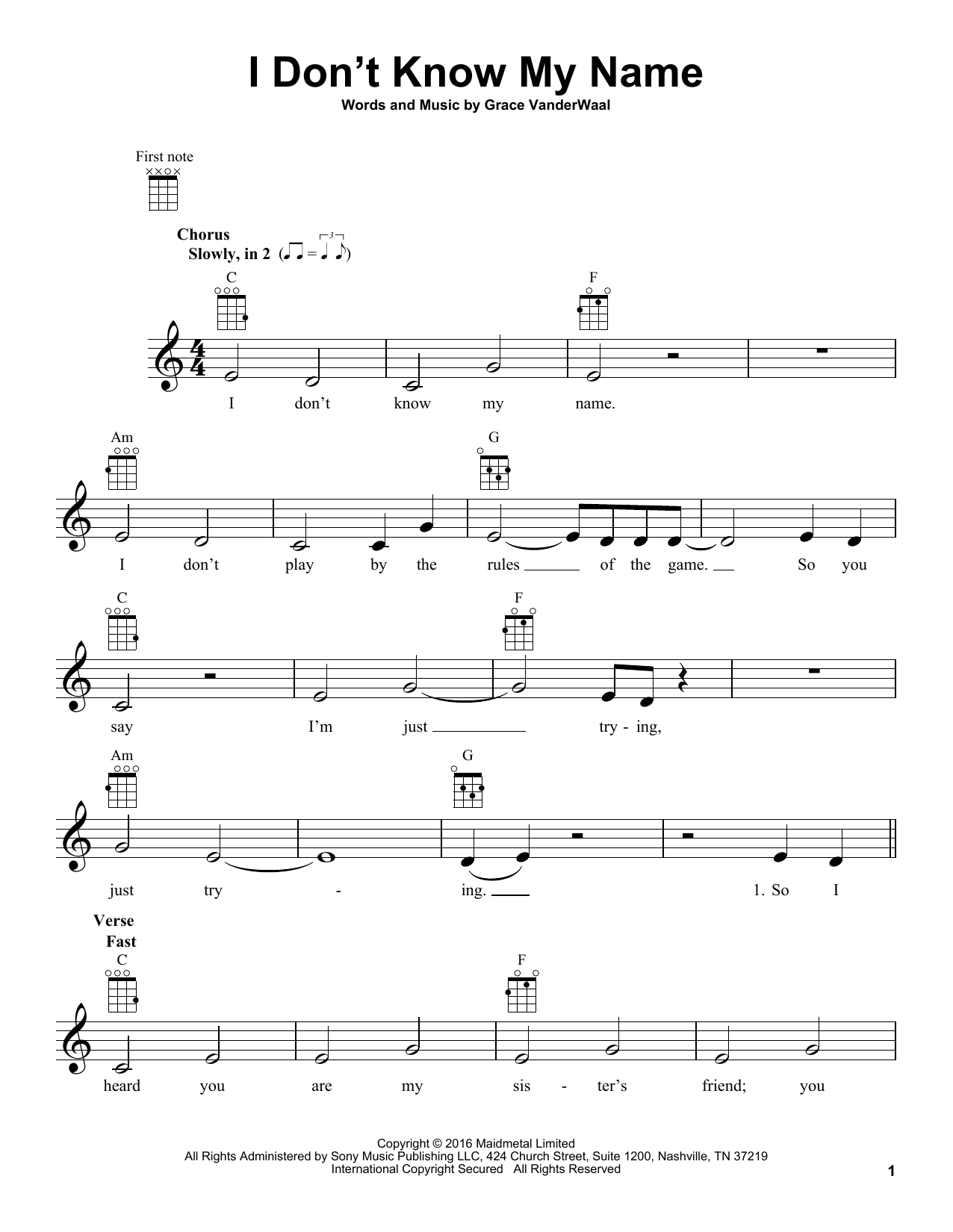 Grace VanderWaal I Don't Know My Name sheet music notes and chords arranged for Easy Piano