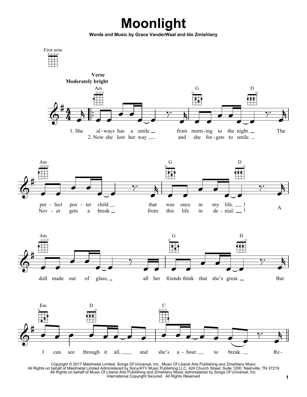 Grace VanderWaal Moonlight sheet music notes and chords arranged for Super Easy Piano