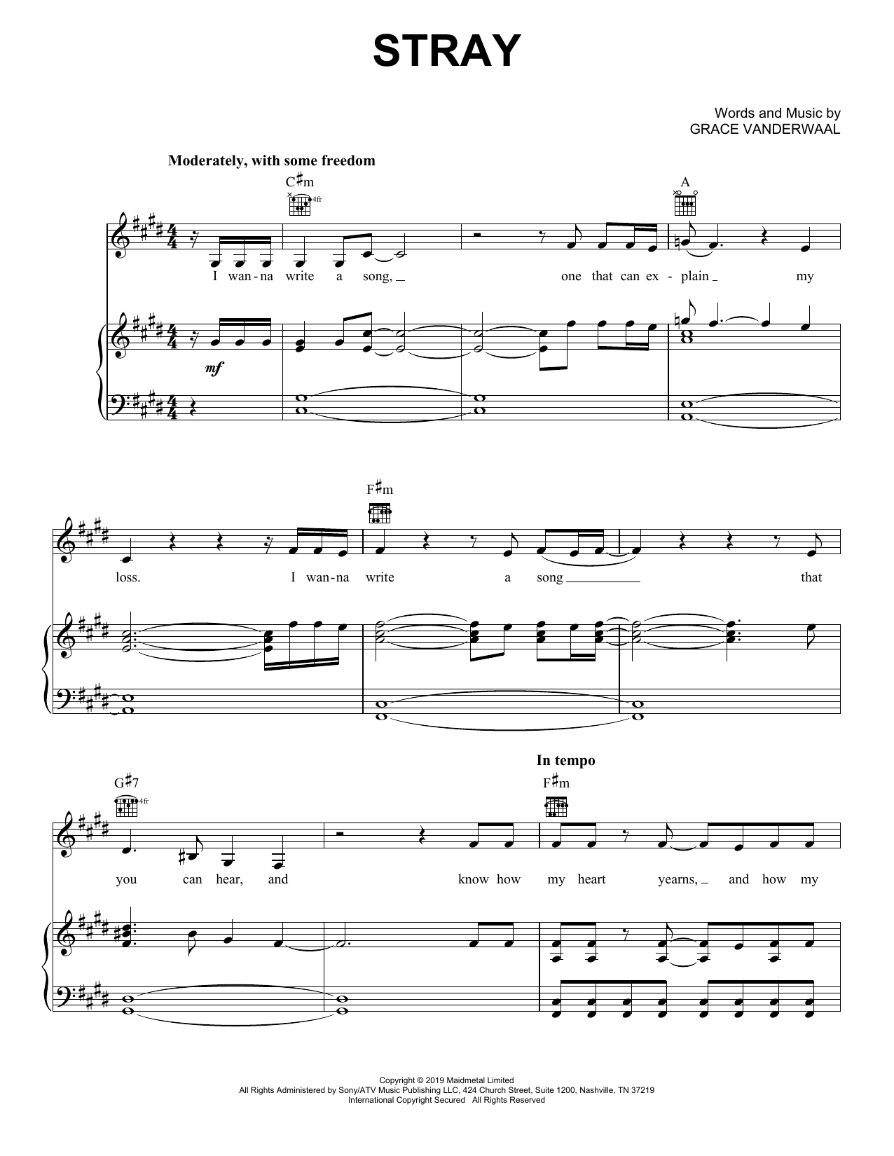 Grace VanderWaal Stray sheet music notes and chords arranged for Piano, Vocal & Guitar Chords (Right-Hand Melody)