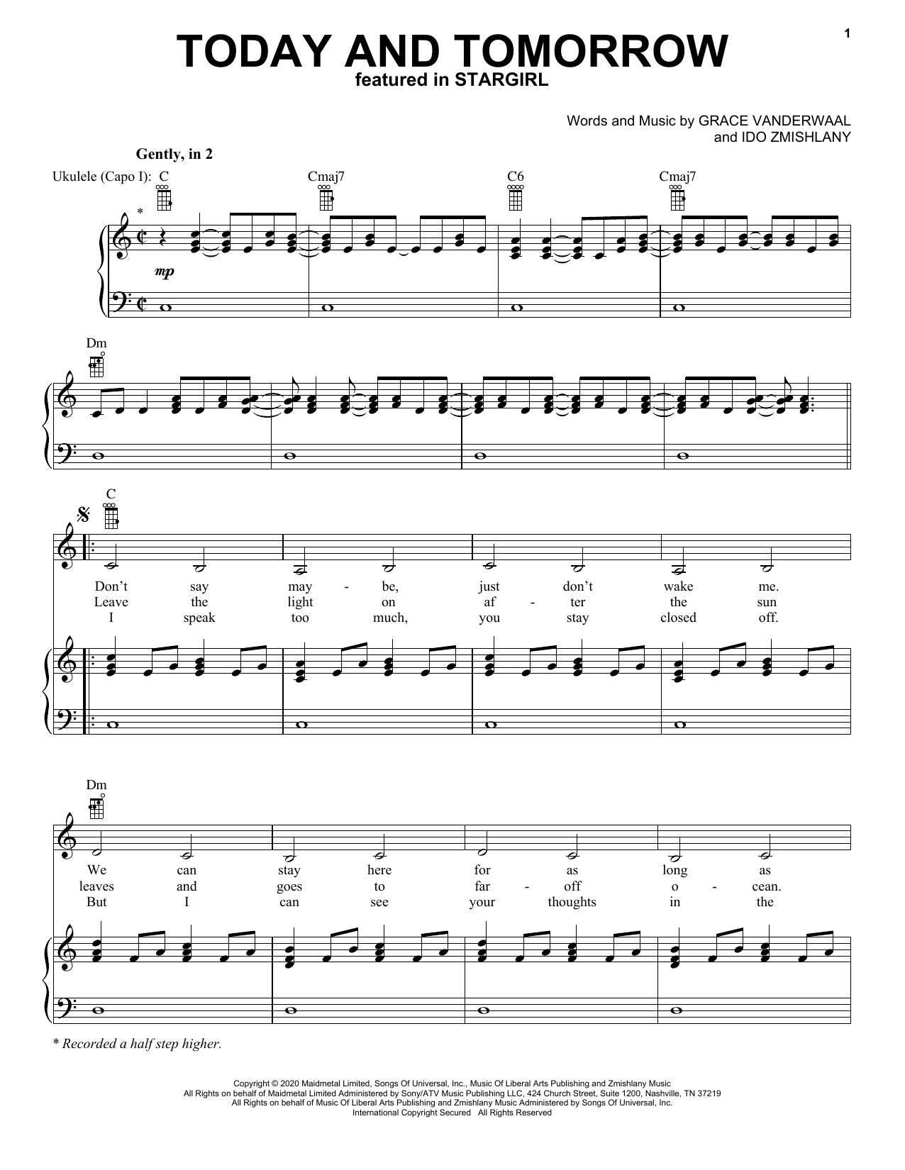 Grace VanderWaal Today And Tomorrow (from Disney's Stargirl) sheet music notes and chords arranged for Piano, Vocal & Guitar Chords (Right-Hand Melody)