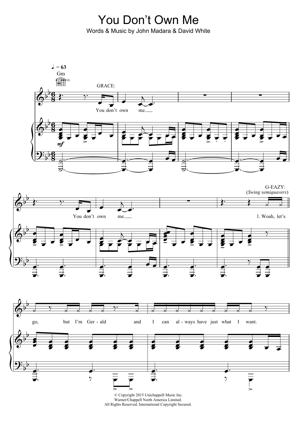 Grace You Don't Own Me (featuring G-Eazy) sheet music notes and chords arranged for Piano, Vocal & Guitar Chords