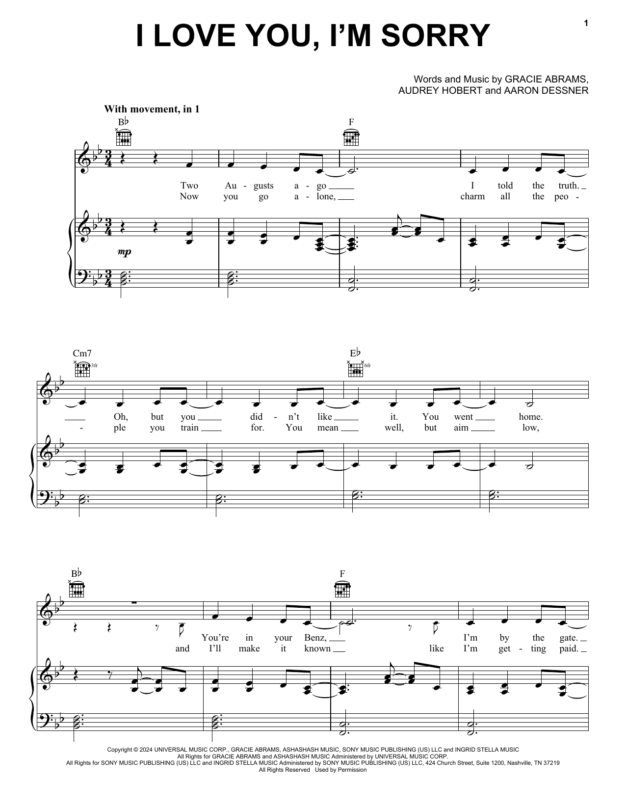 Gracie Abrams I Love You, I'm Sorry sheet music notes and chords arranged for Super Easy Piano