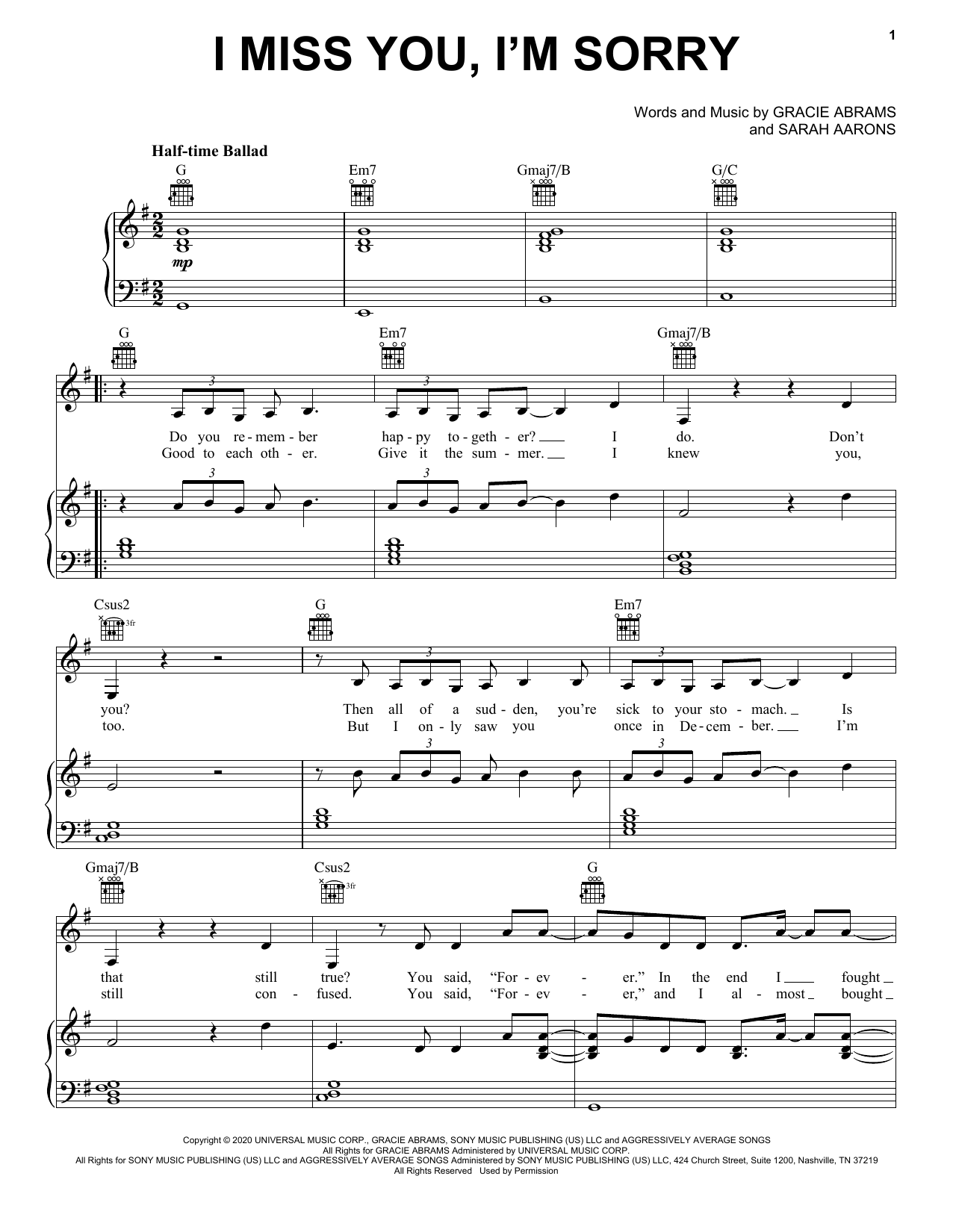 Gracie Abrams I miss you, I'm sorry sheet music notes and chords arranged for Piano, Vocal & Guitar Chords (Right-Hand Melody)