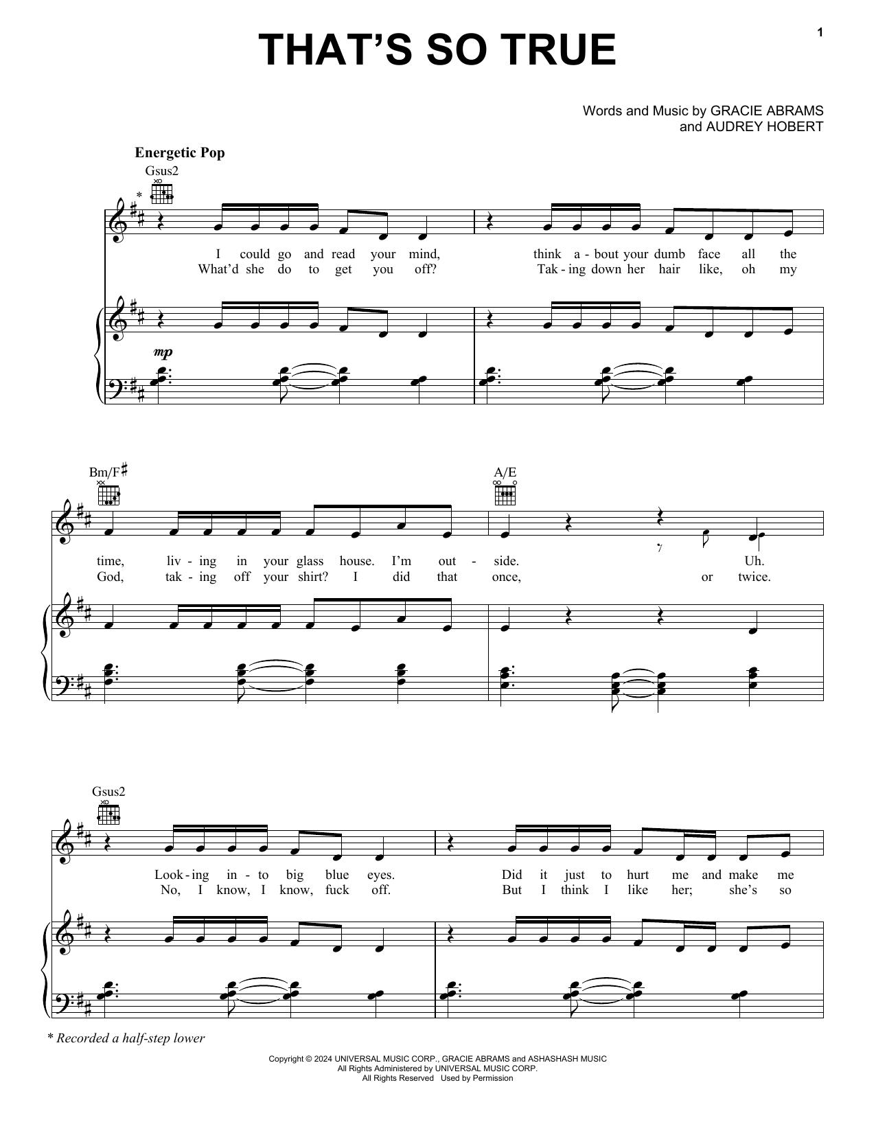 Gracie Abrams That's So True sheet music notes and chords arranged for Really Easy Piano