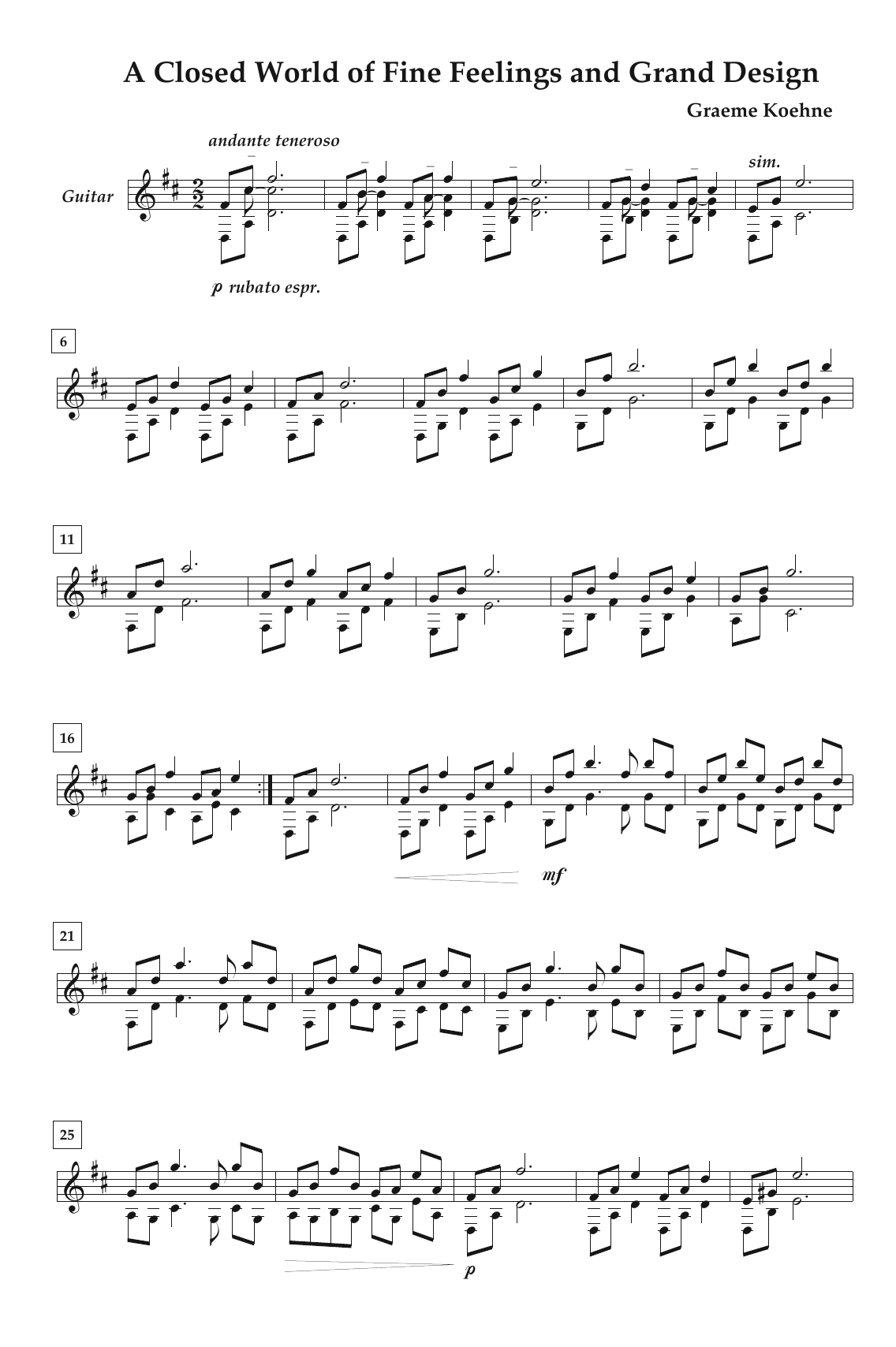 Graeme Koehne A Closed World Of Fine Feelings And Grand Design sheet music notes and chords arranged for Solo Guitar