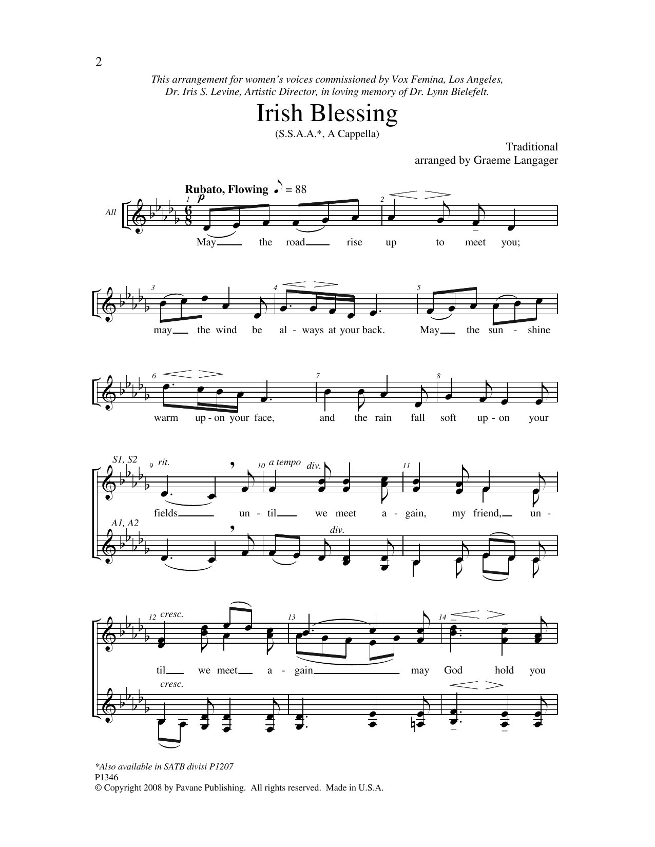 Graeme Langager Irish Blessing sheet music notes and chords arranged for SSA Choir