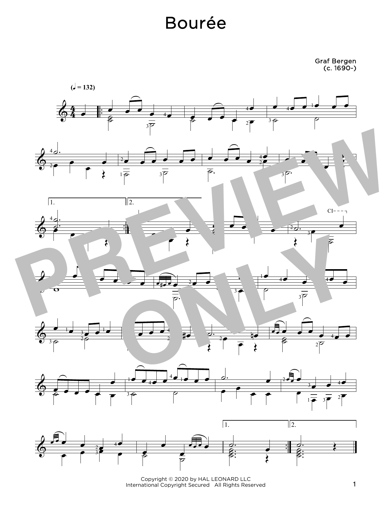 Graf Bergen Bouree sheet music notes and chords arranged for Solo Guitar