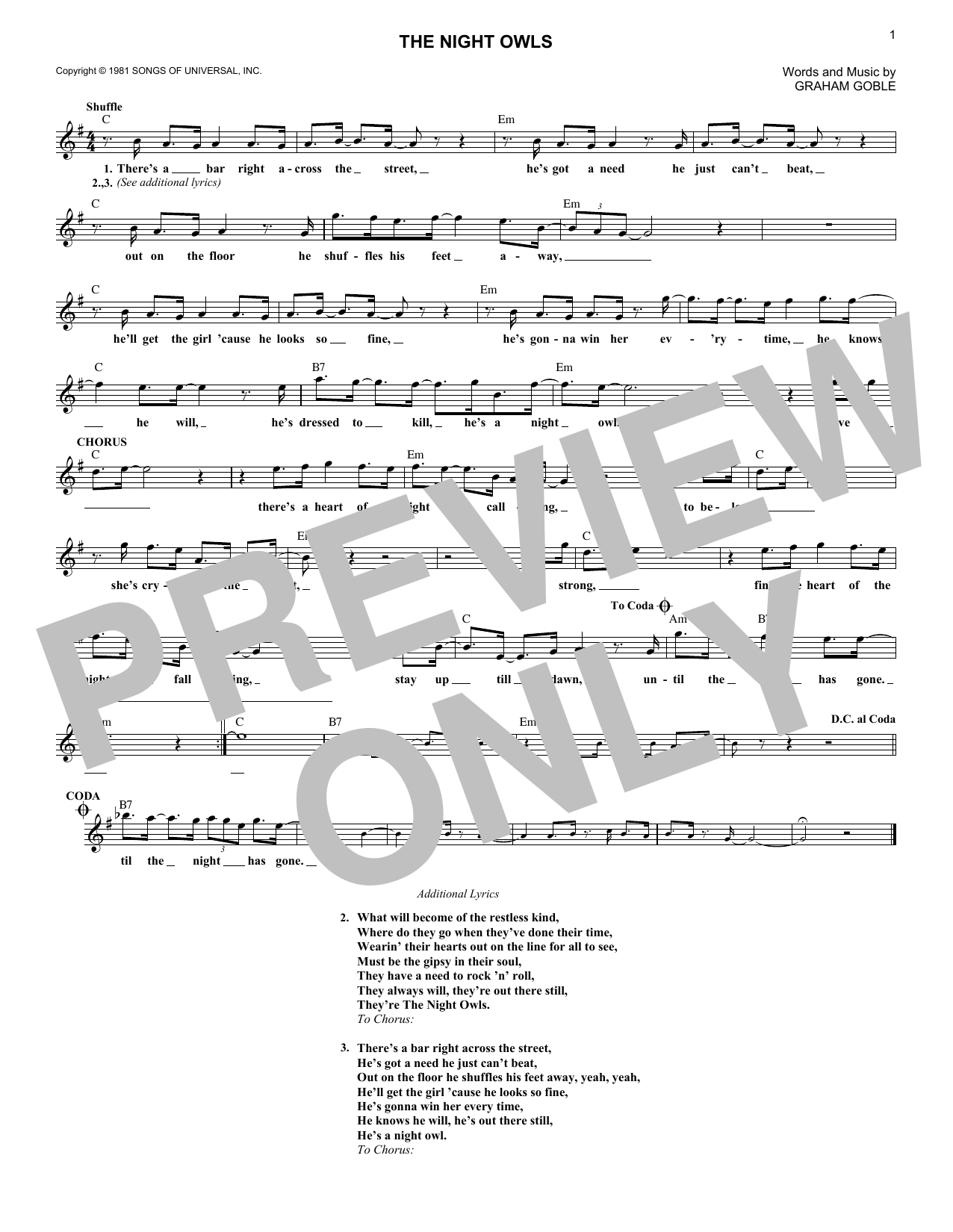 Graham Goble The Night Owls sheet music notes and chords arranged for Lead Sheet / Fake Book