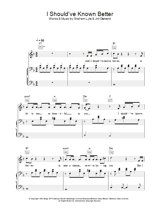 Graham Lyle I Should've Known Better sheet music notes and chords arranged for Piano, Vocal & Guitar Chords