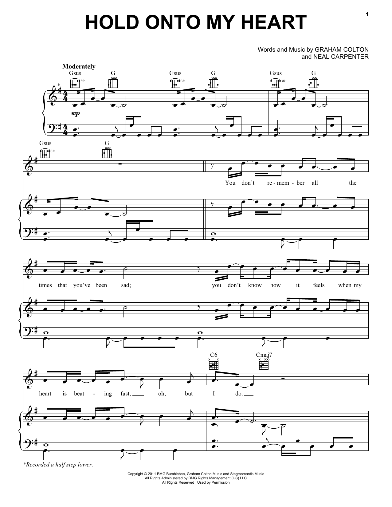 Graham Colton Hold Onto My Heart sheet music notes and chords arranged for Piano, Vocal & Guitar Chords (Right-Hand Melody)