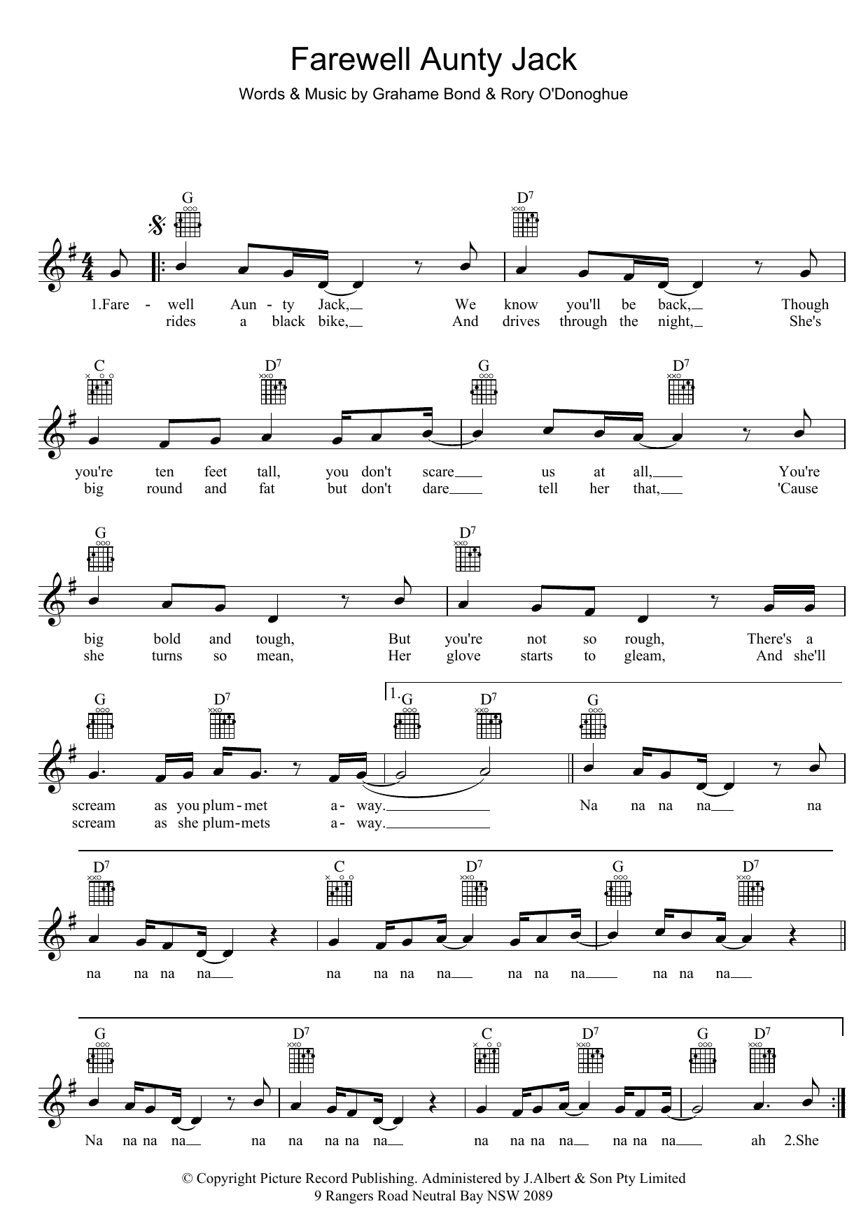 Grahame Bond Farewell Aunty Jack sheet music notes and chords arranged for Lead Sheet / Fake Book
