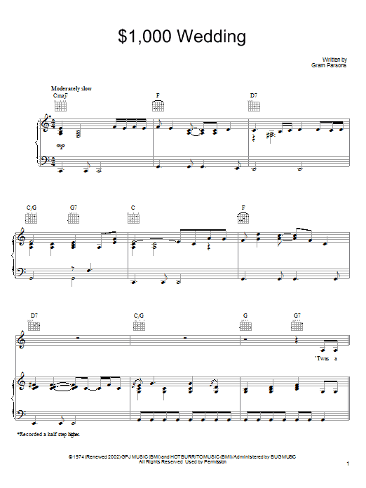 Gram Parsons $1,000 Wedding sheet music notes and chords arranged for Piano, Vocal & Guitar Chords (Right-Hand Melody)
