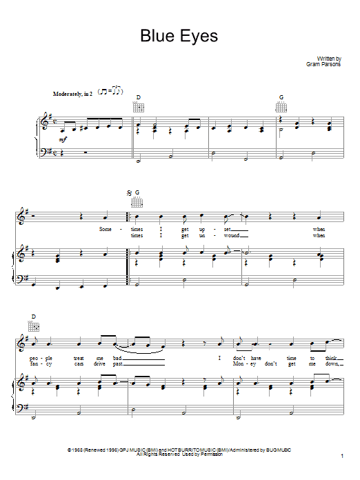 Gram Parsons Blue Eyes sheet music notes and chords arranged for Piano, Vocal & Guitar Chords (Right-Hand Melody)