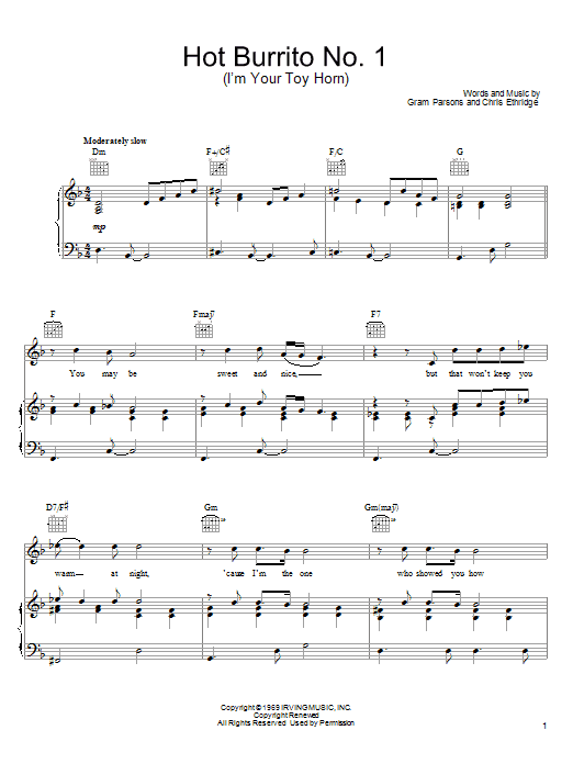 Gram Parsons Hot Burrito No. 1 (I'm Your Toy Horn) sheet music notes and chords arranged for Piano, Vocal & Guitar Chords (Right-Hand Melody)