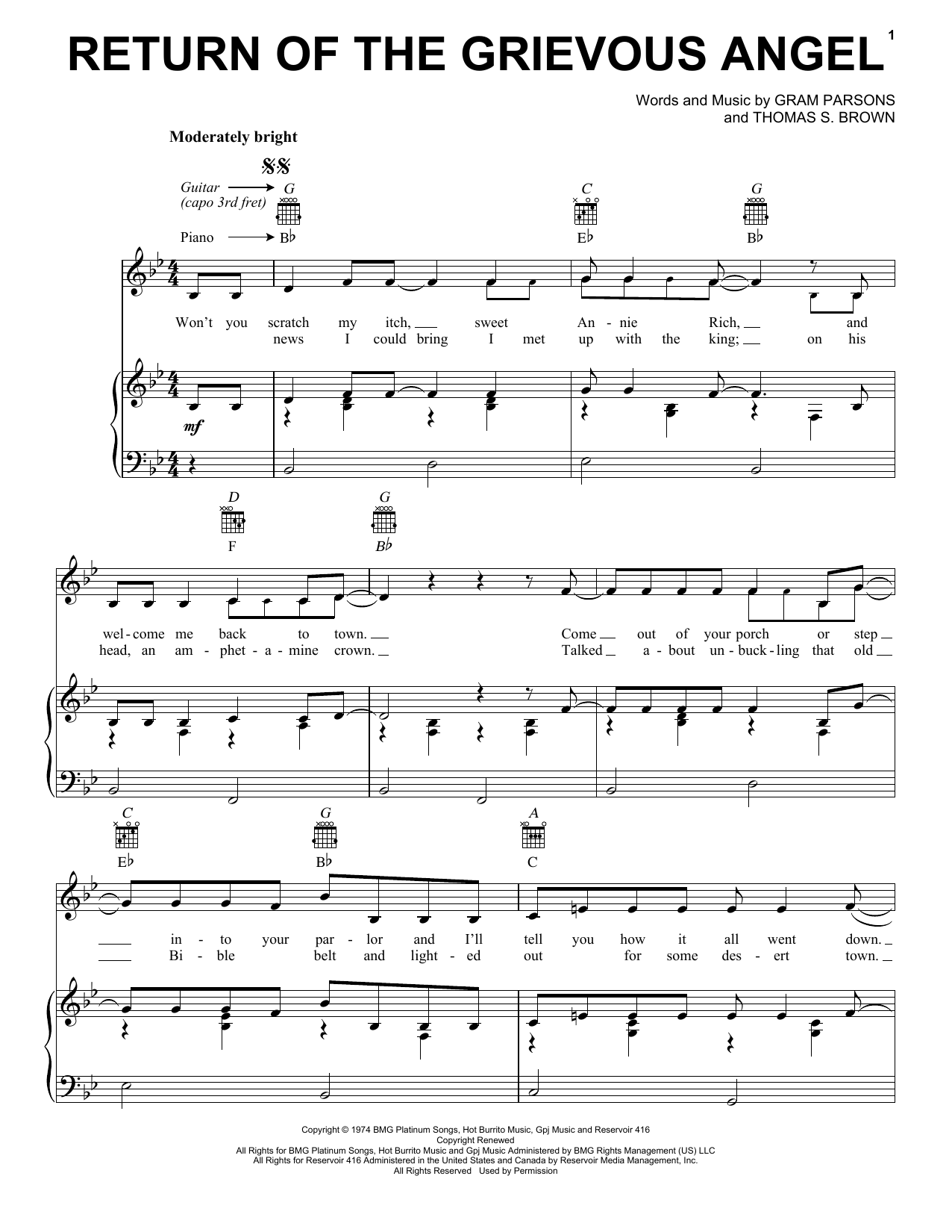 Gram Parsons Return Of The Grievous Angel sheet music notes and chords arranged for Piano, Vocal & Guitar Chords (Right-Hand Melody)