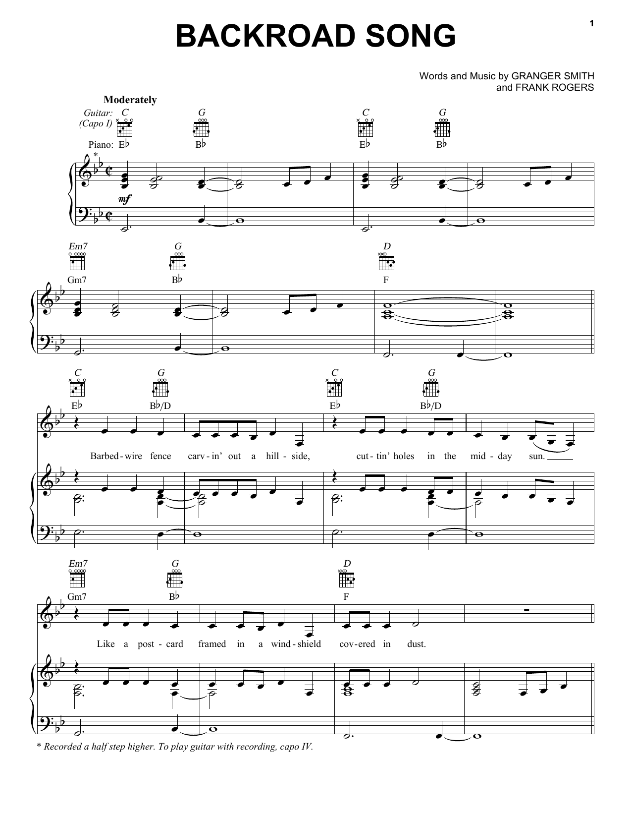 Granger Smith Backroad Song sheet music notes and chords arranged for Piano, Vocal & Guitar Chords (Right-Hand Melody)
