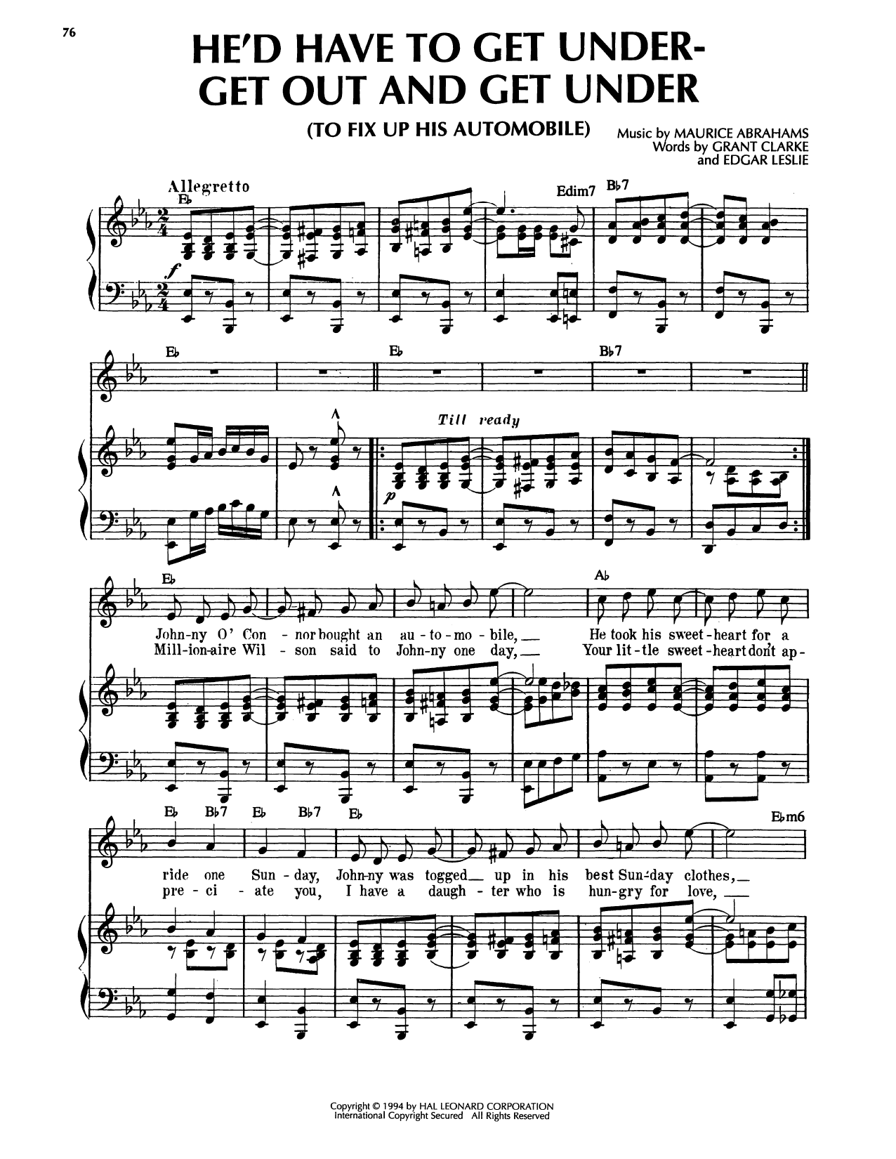 Grant Clarke He'd Have To Get Under--Get Out And Get Under (To Fix Up His Automobile) sheet music notes and chords arranged for Piano, Vocal & Guitar Chords (Right-Hand Melody)