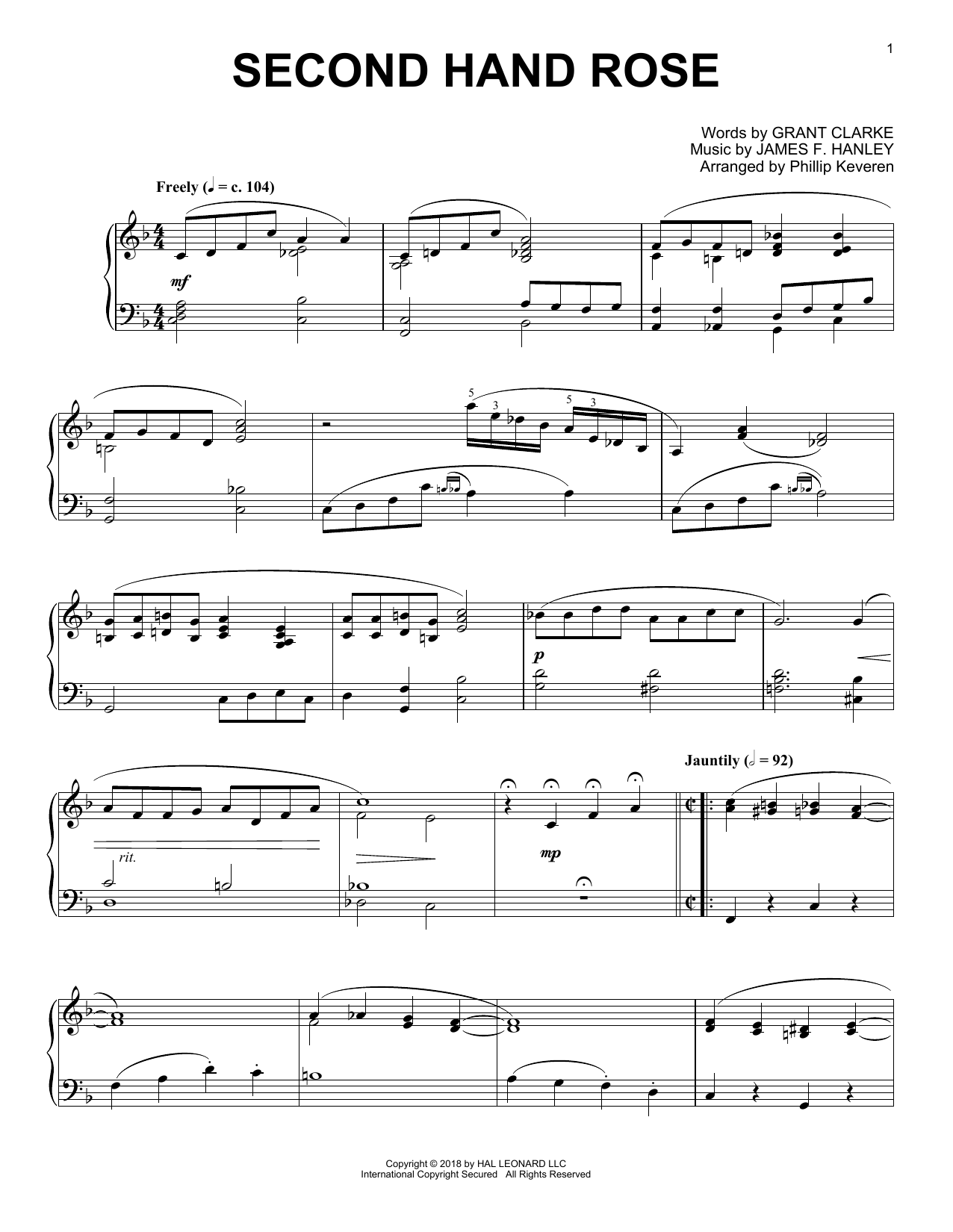 Grant Clarke Second Hand Rose [Jazz version] (arr. Phillip Keveren) sheet music notes and chords arranged for Piano Solo