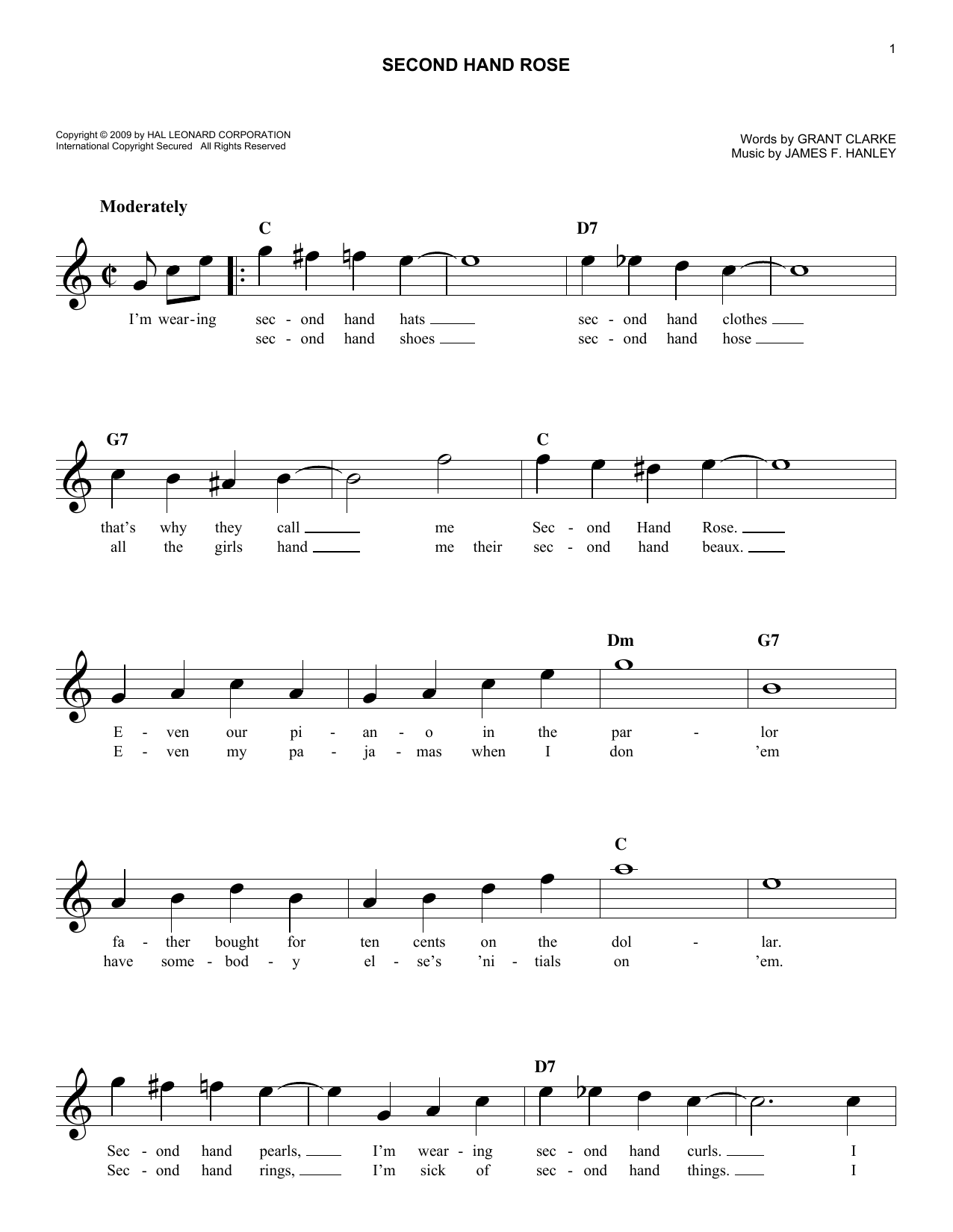 Grant Clarke Second Hand Rose sheet music notes and chords arranged for Easy Piano