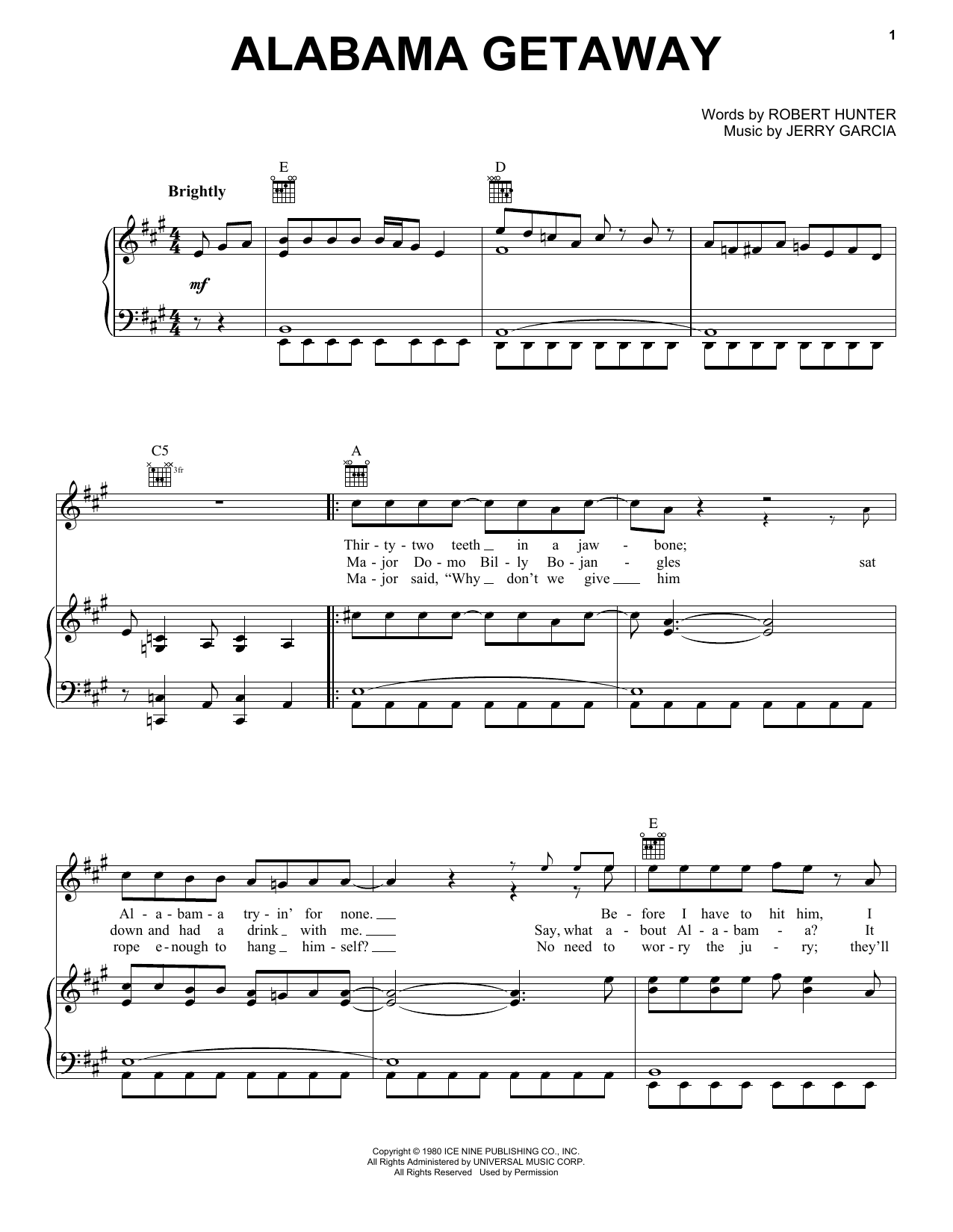 Grateful Dead Alabama Getaway sheet music notes and chords arranged for Piano, Vocal & Guitar Chords (Right-Hand Melody)