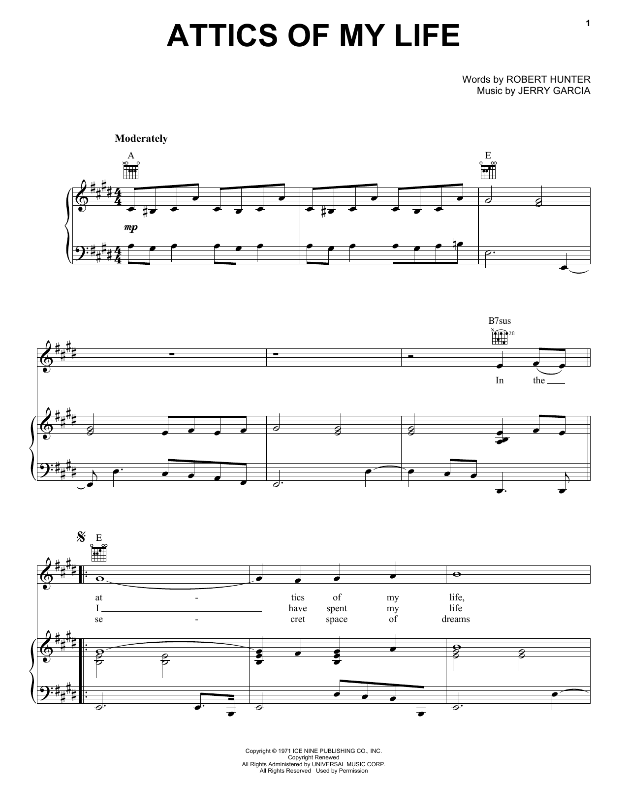 Grateful Dead Attics Of My Life sheet music notes and chords arranged for Piano, Vocal & Guitar Chords (Right-Hand Melody)