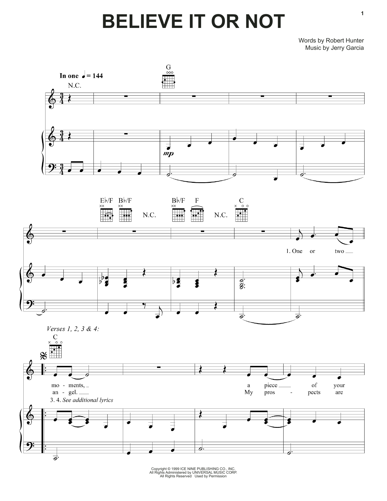 Grateful Dead Believe It Or Not sheet music notes and chords arranged for Piano, Vocal & Guitar Chords (Right-Hand Melody)