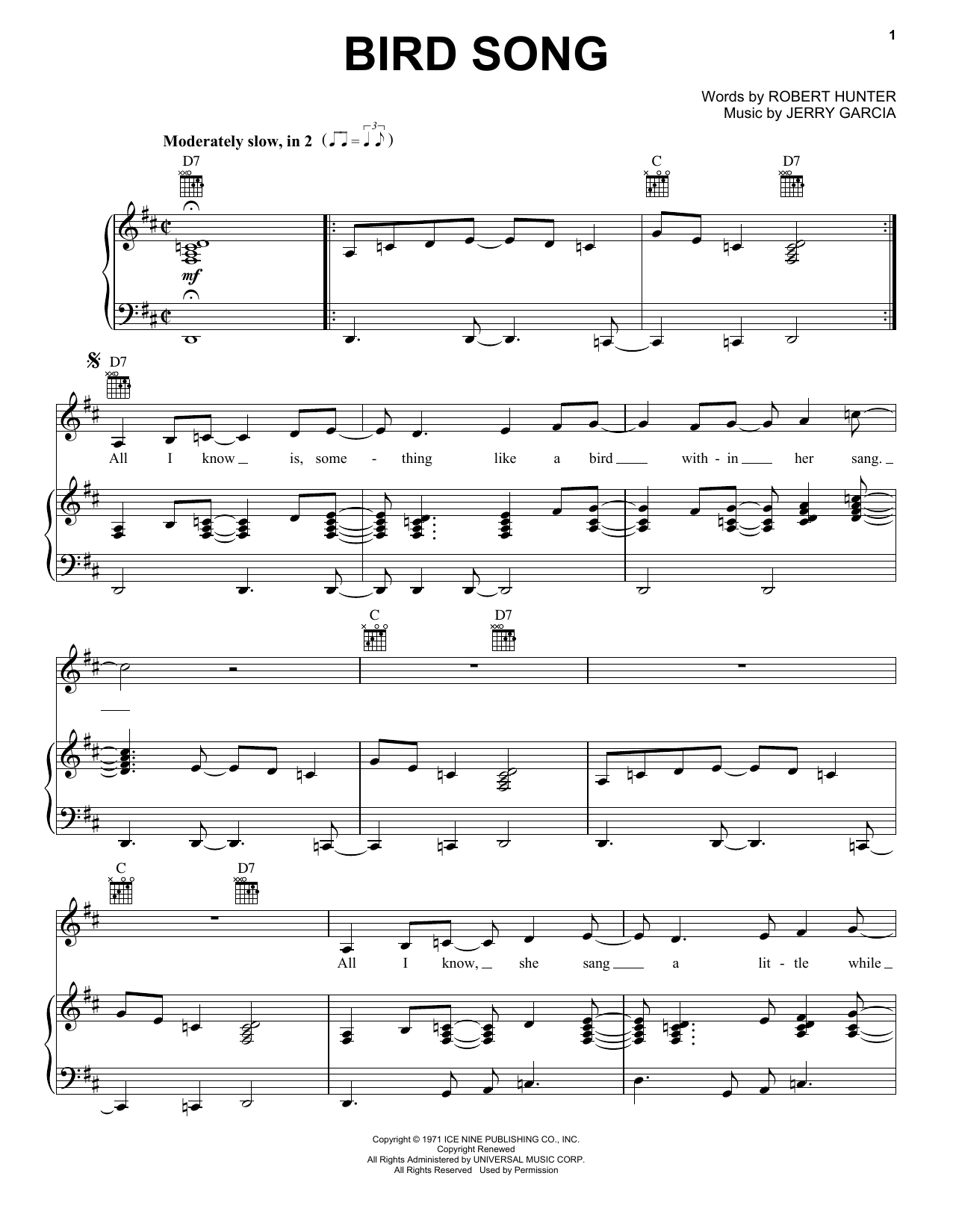 Grateful Dead Bird Song sheet music notes and chords arranged for Piano, Vocal & Guitar Chords (Right-Hand Melody)