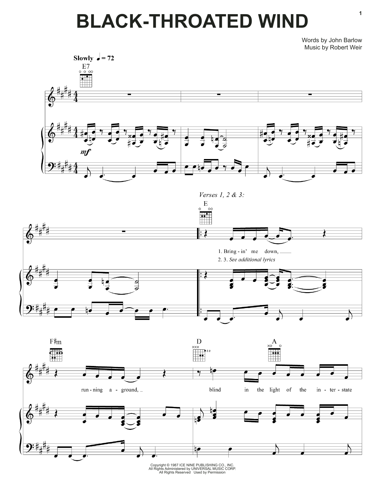 Grateful Dead Black-Throated Wind sheet music notes and chords arranged for Piano, Vocal & Guitar Chords (Right-Hand Melody)