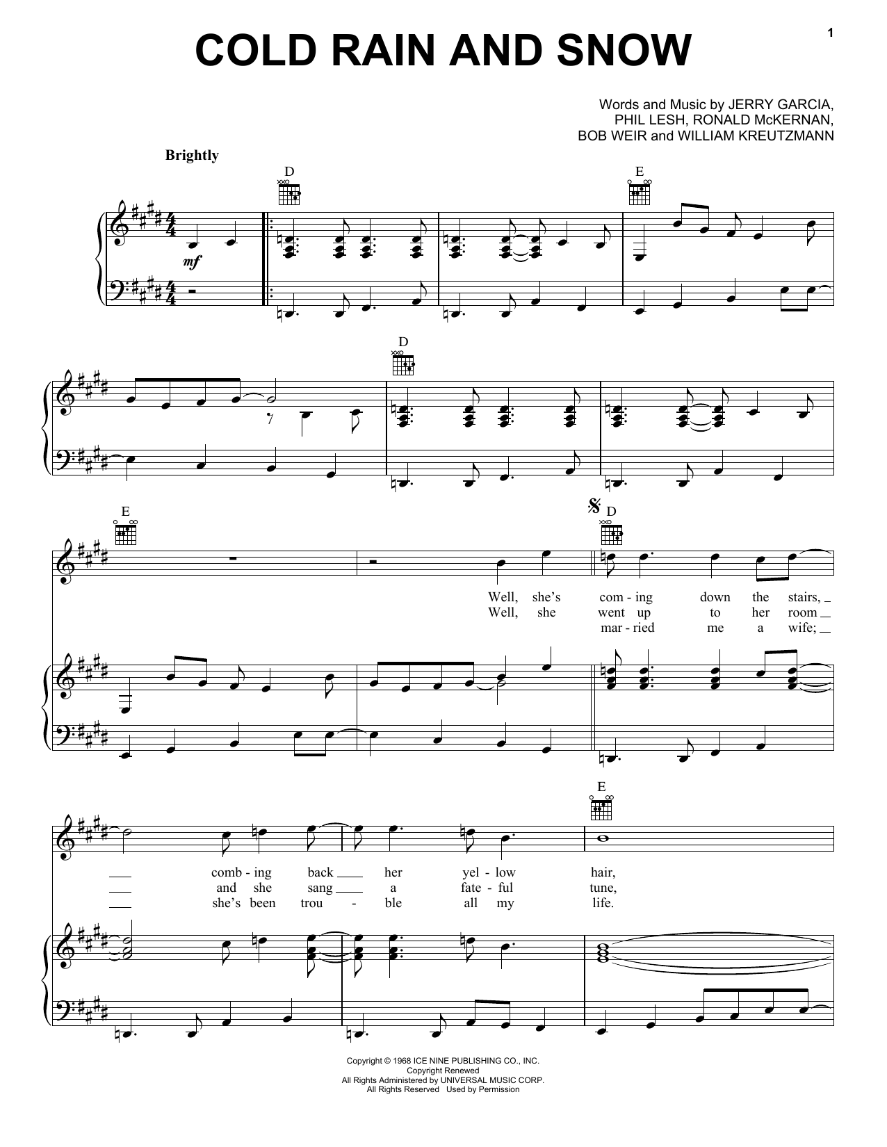 Grateful Dead Cold Rain And Snow sheet music notes and chords arranged for Piano, Vocal & Guitar Chords (Right-Hand Melody)