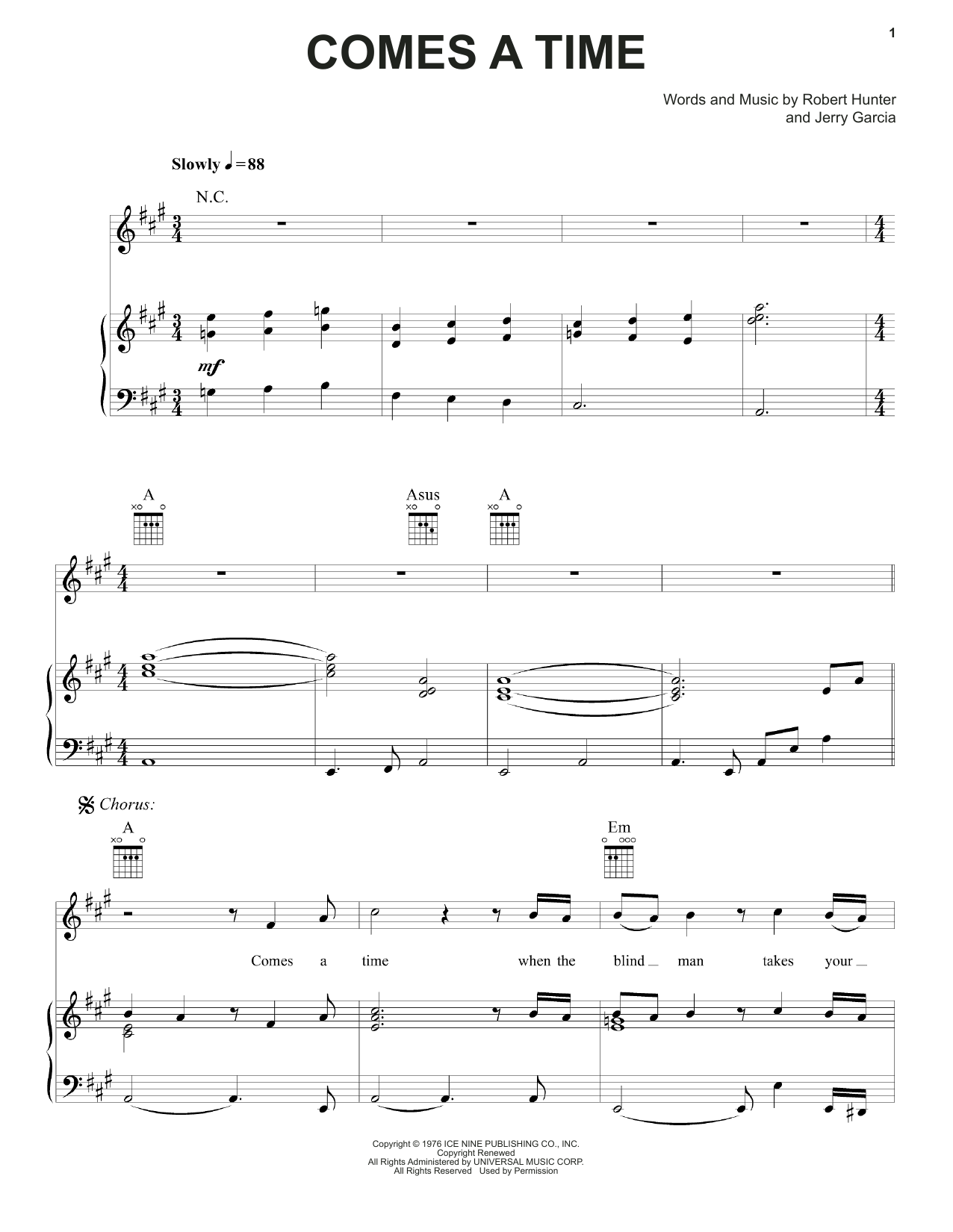 Grateful Dead Comes A Time sheet music notes and chords arranged for Piano, Vocal & Guitar Chords (Right-Hand Melody)