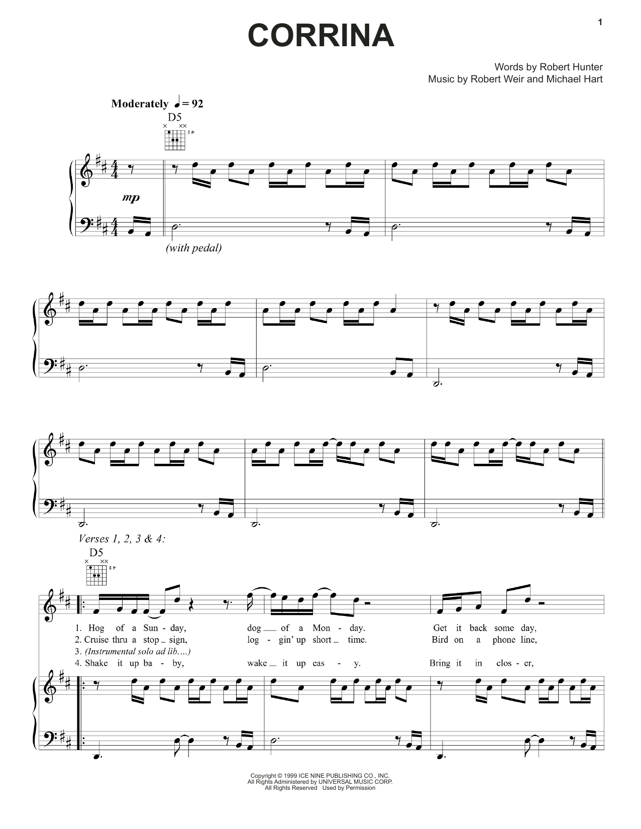 Grateful Dead Corrina sheet music notes and chords arranged for Piano, Vocal & Guitar Chords (Right-Hand Melody)