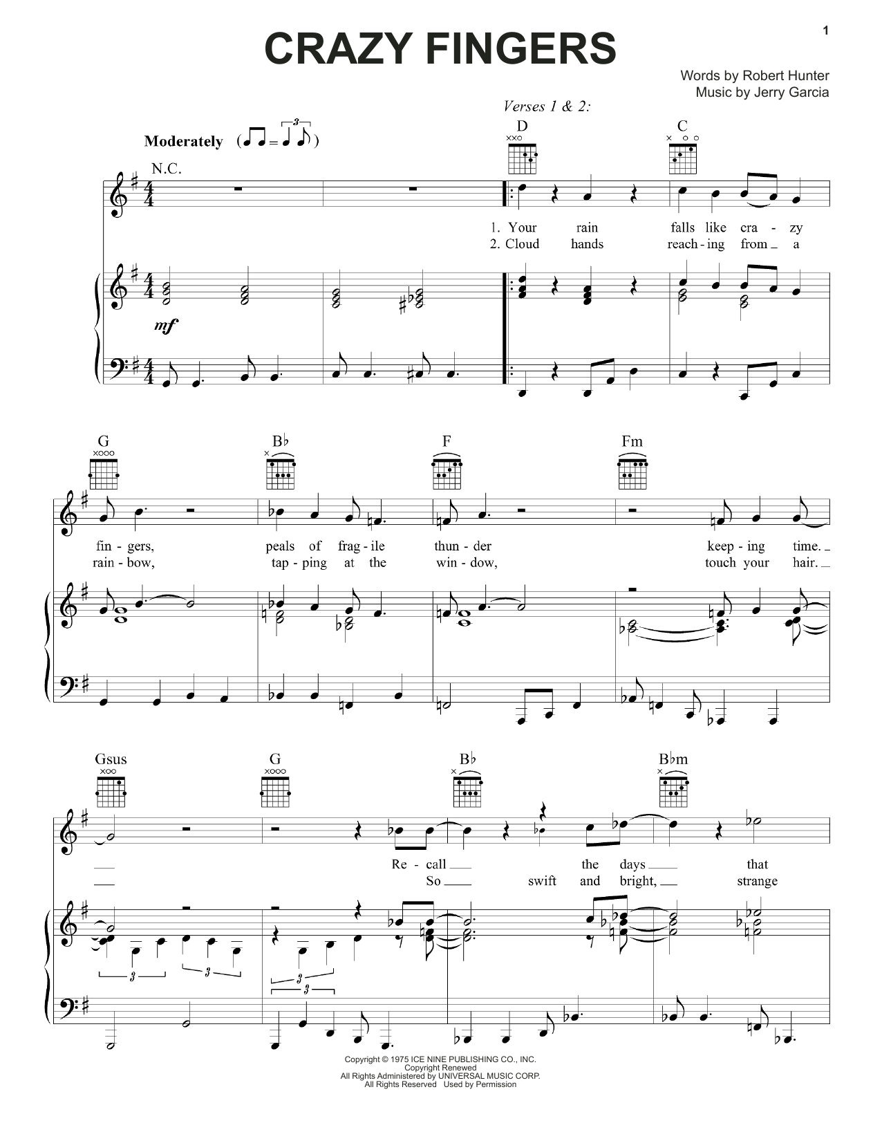 Grateful Dead Crazy Fingers sheet music notes and chords arranged for Piano, Vocal & Guitar Chords (Right-Hand Melody)