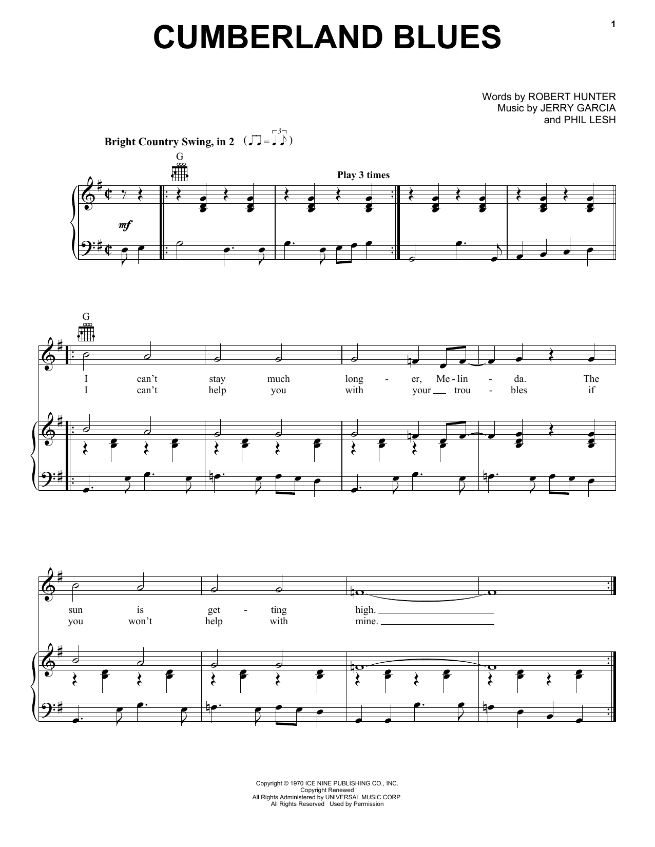 Grateful Dead Cumberland Blues sheet music notes and chords arranged for Piano, Vocal & Guitar Chords (Right-Hand Melody)