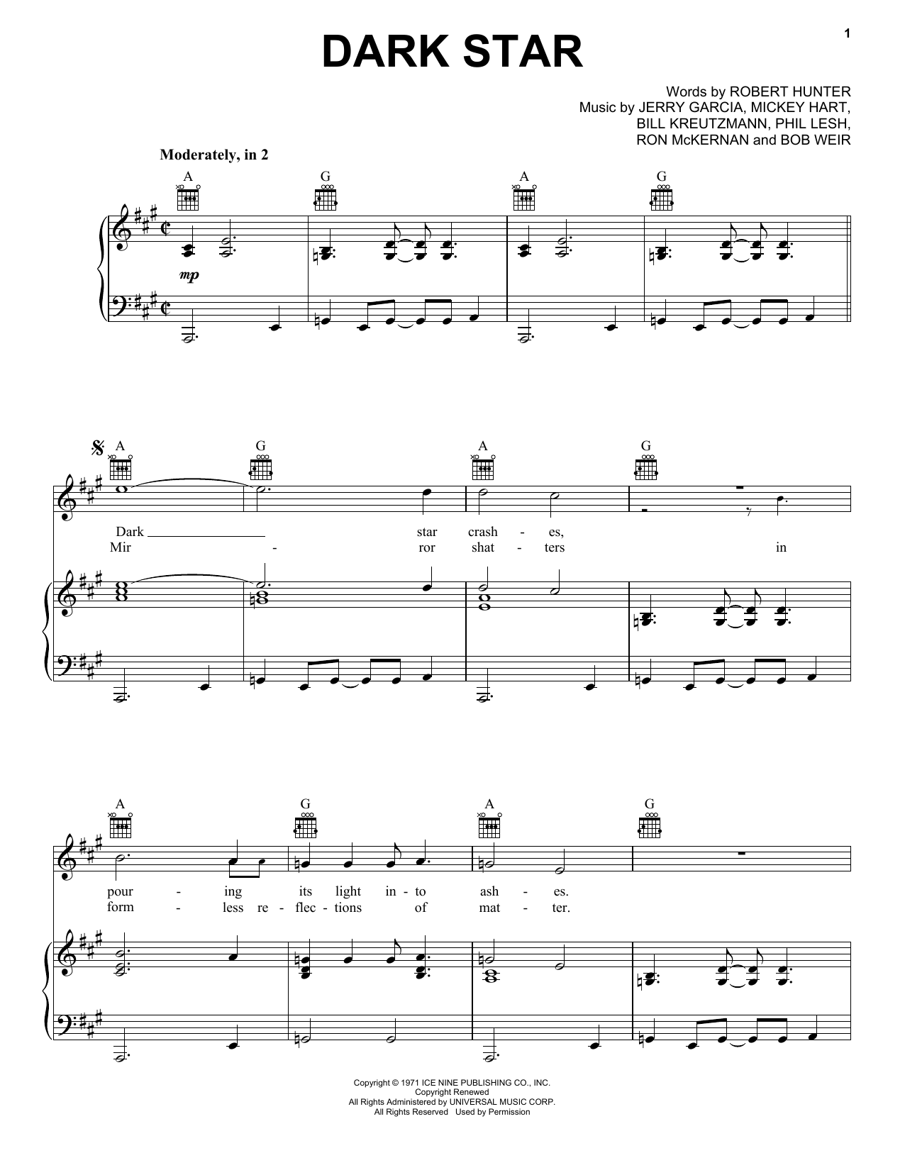 Grateful Dead Dark Star sheet music notes and chords arranged for Piano, Vocal & Guitar Chords (Right-Hand Melody)