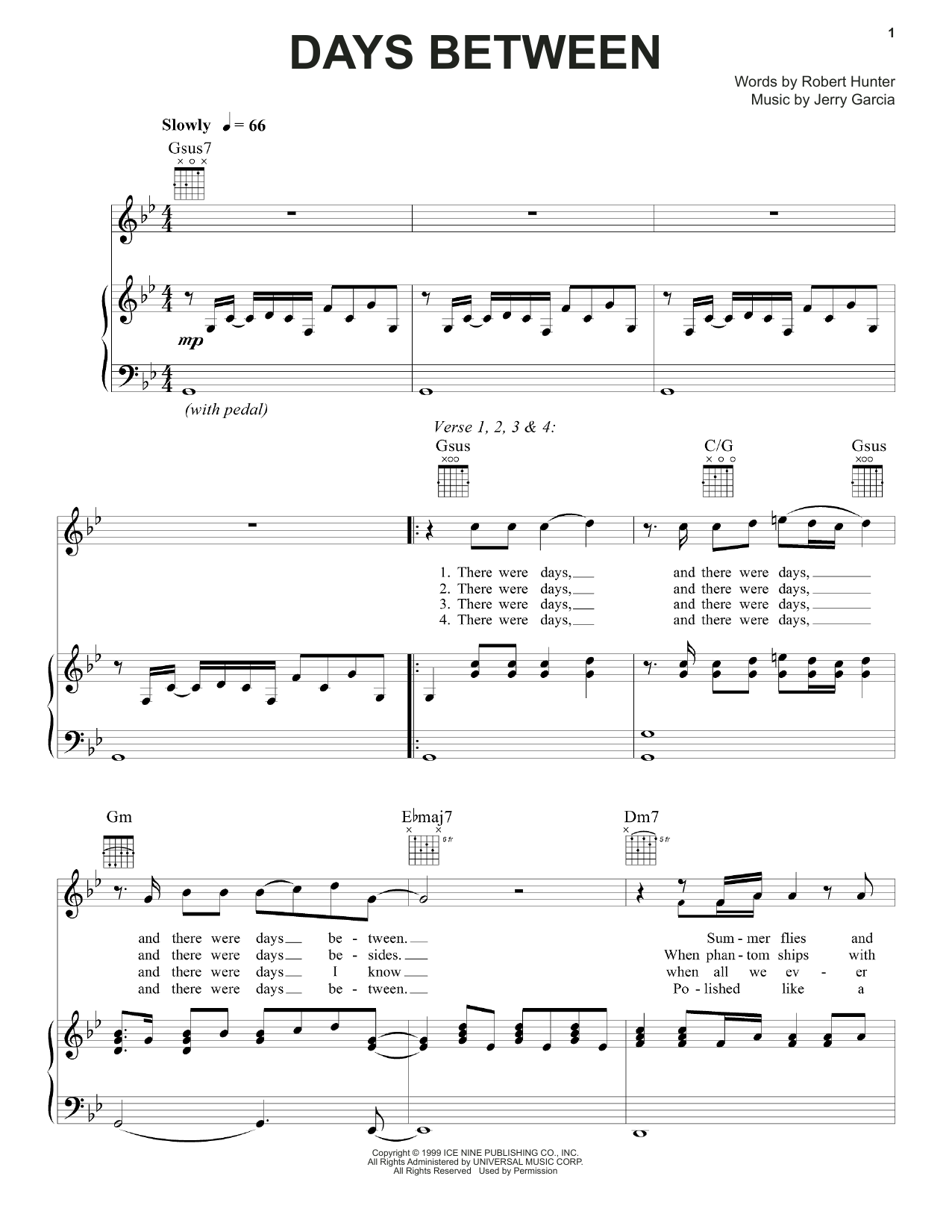 Grateful Dead Days Between sheet music notes and chords arranged for Piano, Vocal & Guitar Chords (Right-Hand Melody)