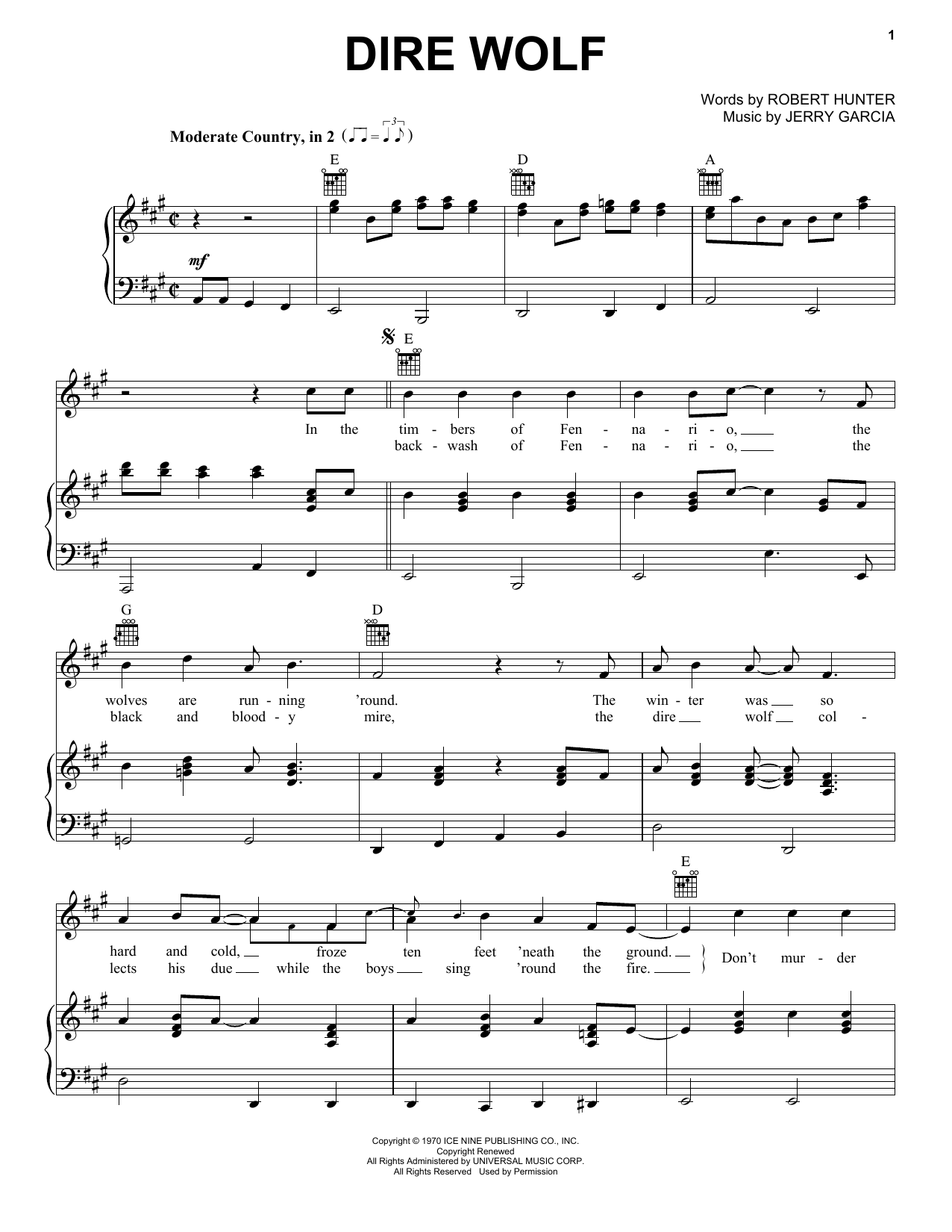 Grateful Dead Dire Wolf sheet music notes and chords arranged for Piano, Vocal & Guitar Chords (Right-Hand Melody)