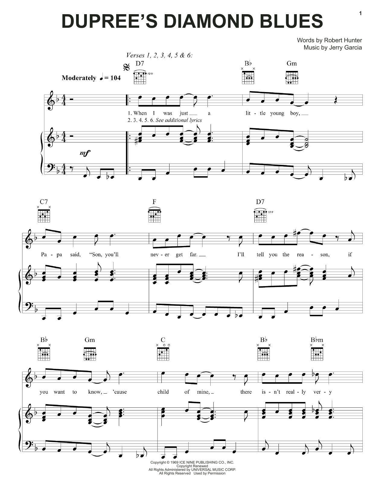 Grateful Dead Dupree's Diamond Blues sheet music notes and chords arranged for Piano, Vocal & Guitar Chords (Right-Hand Melody)
