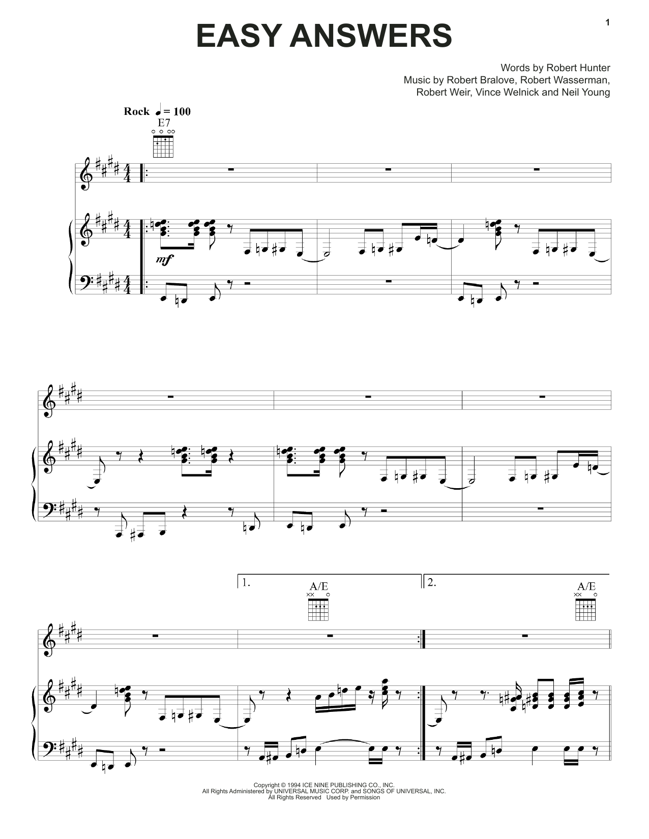 Grateful Dead Easy Answers sheet music notes and chords arranged for Piano, Vocal & Guitar Chords (Right-Hand Melody)