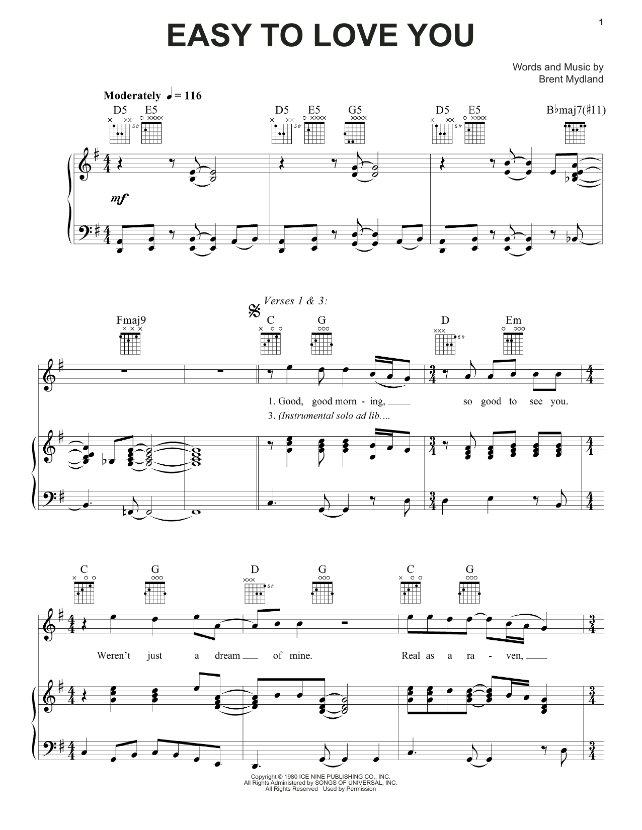 Grateful Dead Easy To Love You sheet music notes and chords arranged for Piano, Vocal & Guitar Chords (Right-Hand Melody)