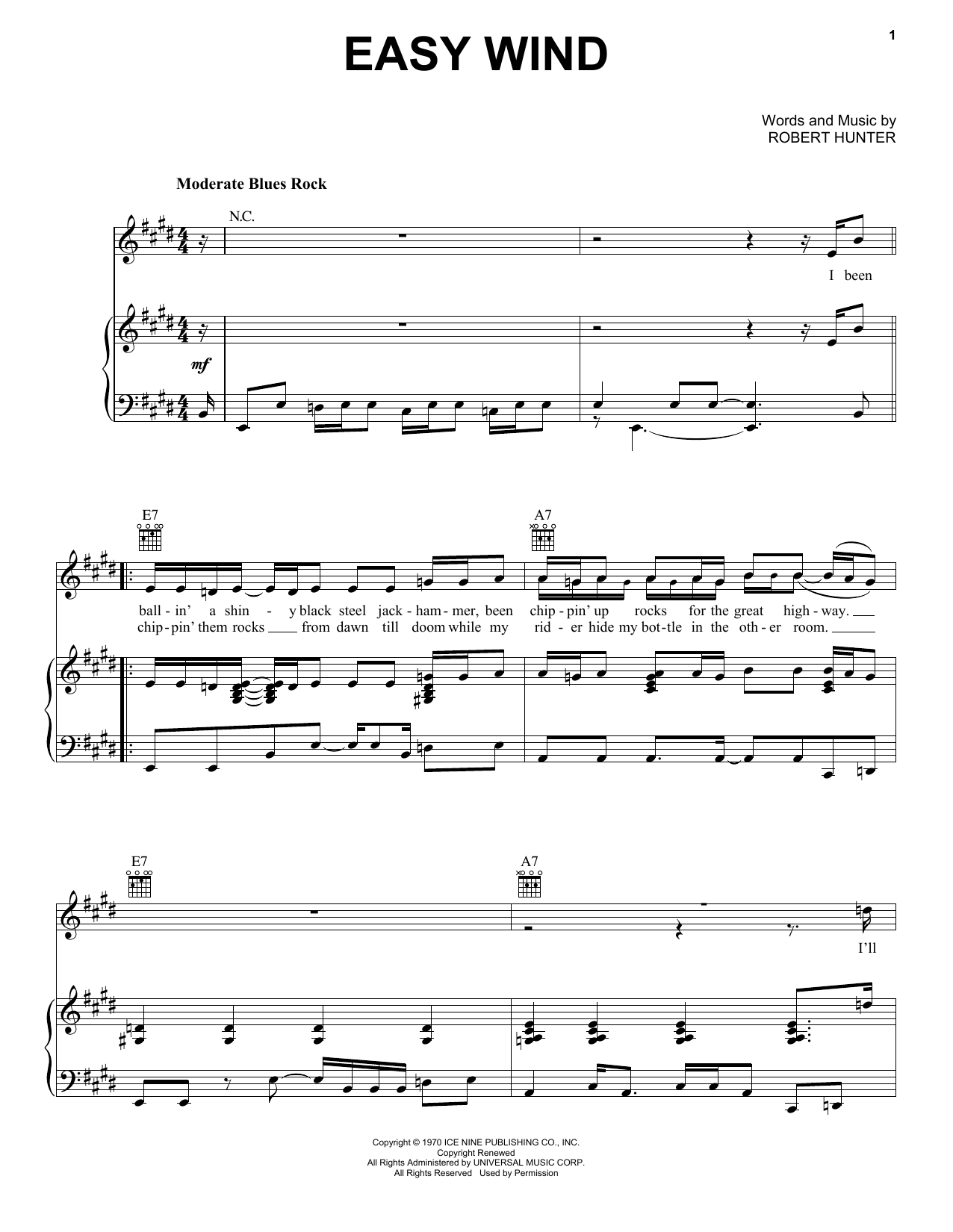 Grateful Dead Easy Wind sheet music notes and chords arranged for Piano, Vocal & Guitar Chords (Right-Hand Melody)